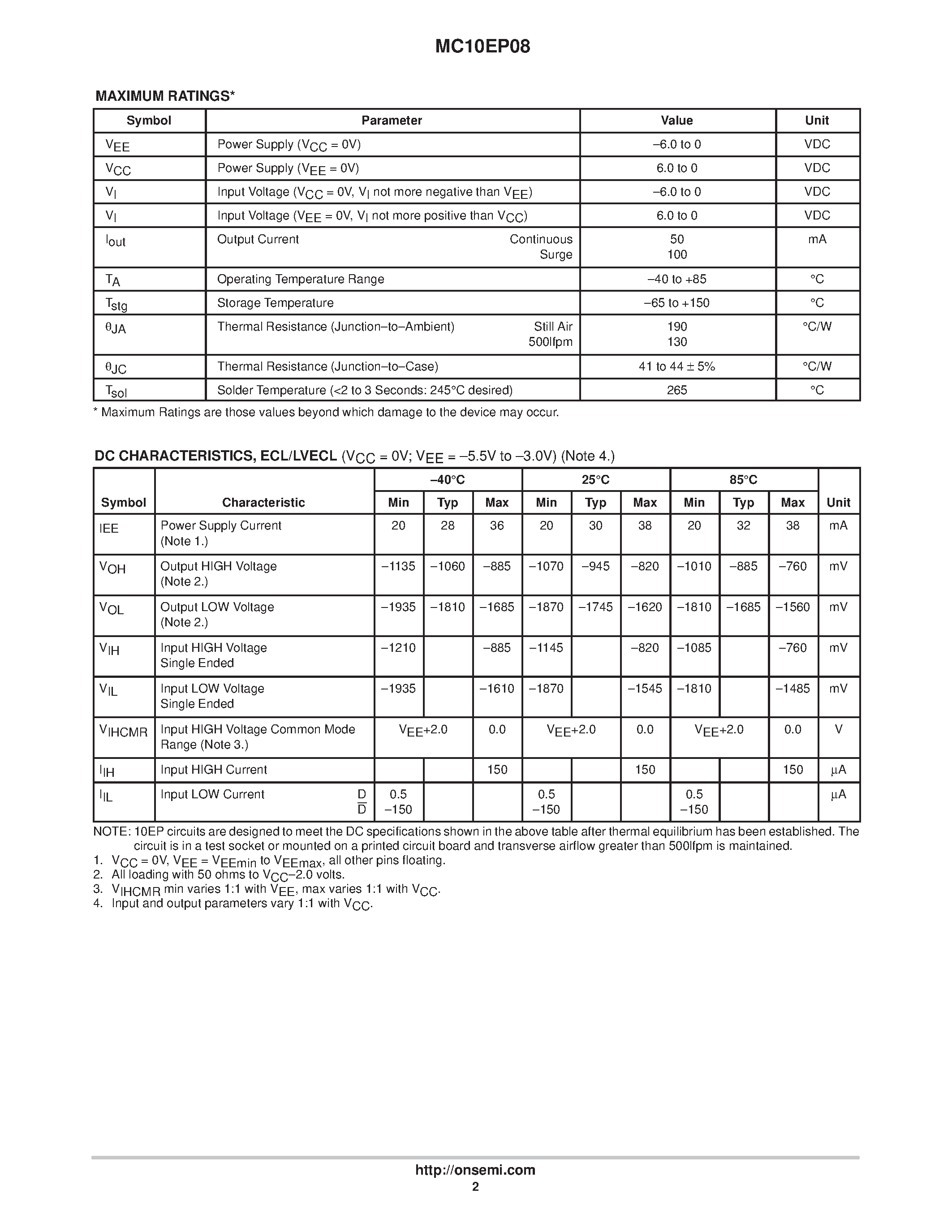 Даташит MC10EP08 - Differential 2-Input XOR/XNOR страница 2
