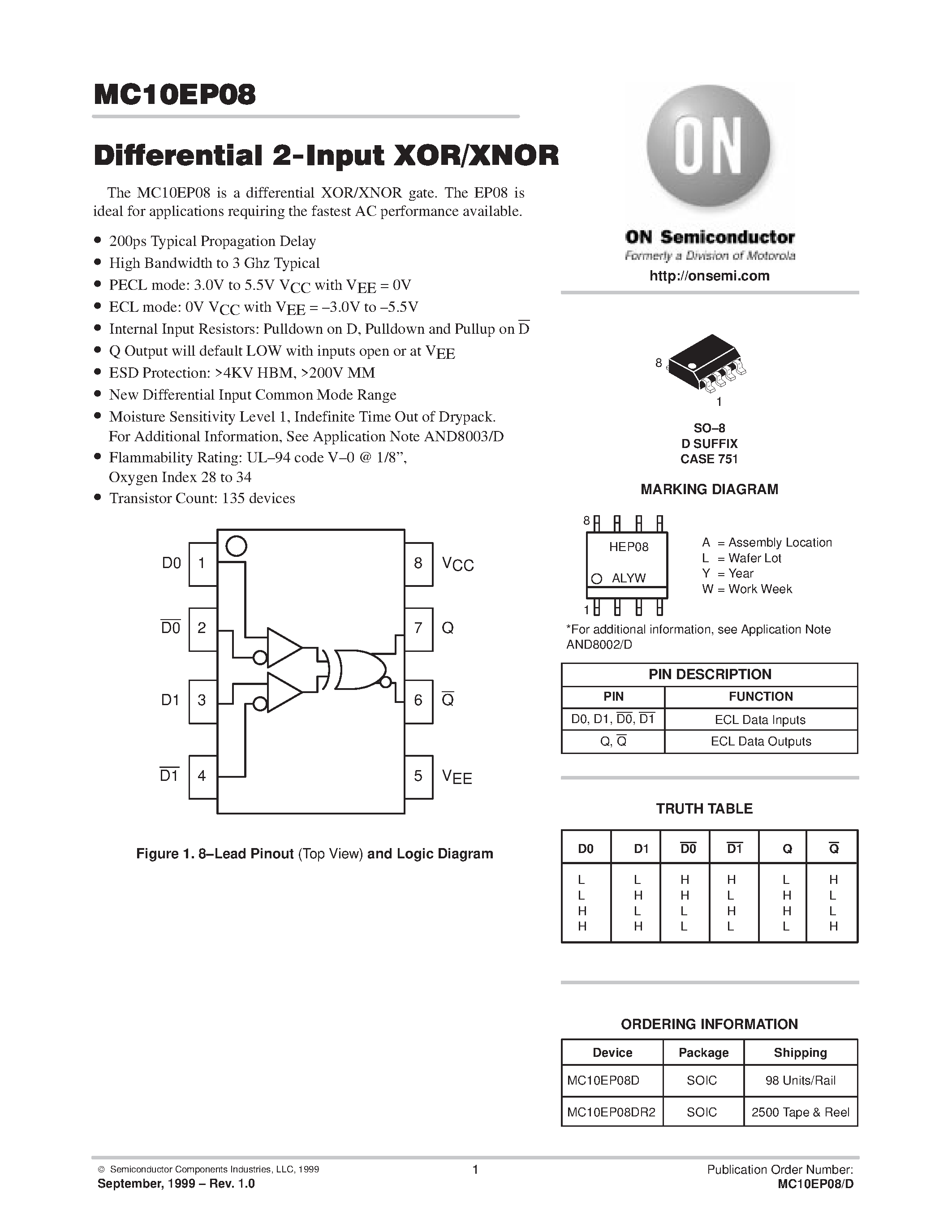 Даташит MC10EP08DR2 - Differential 2-Input XOR/XNOR страница 1