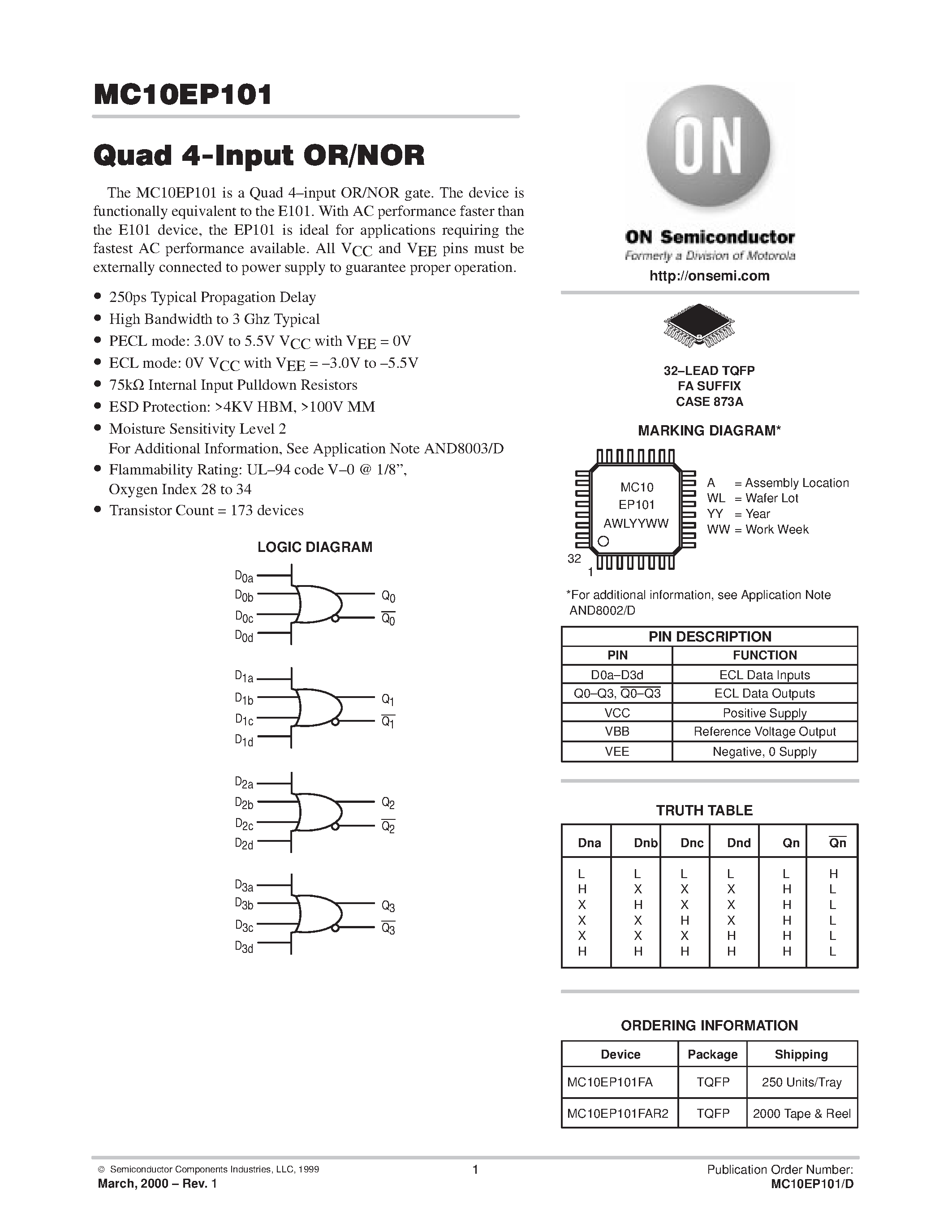 Datasheet MC10EP101 - Quad 4-Input OR/NOR page 1