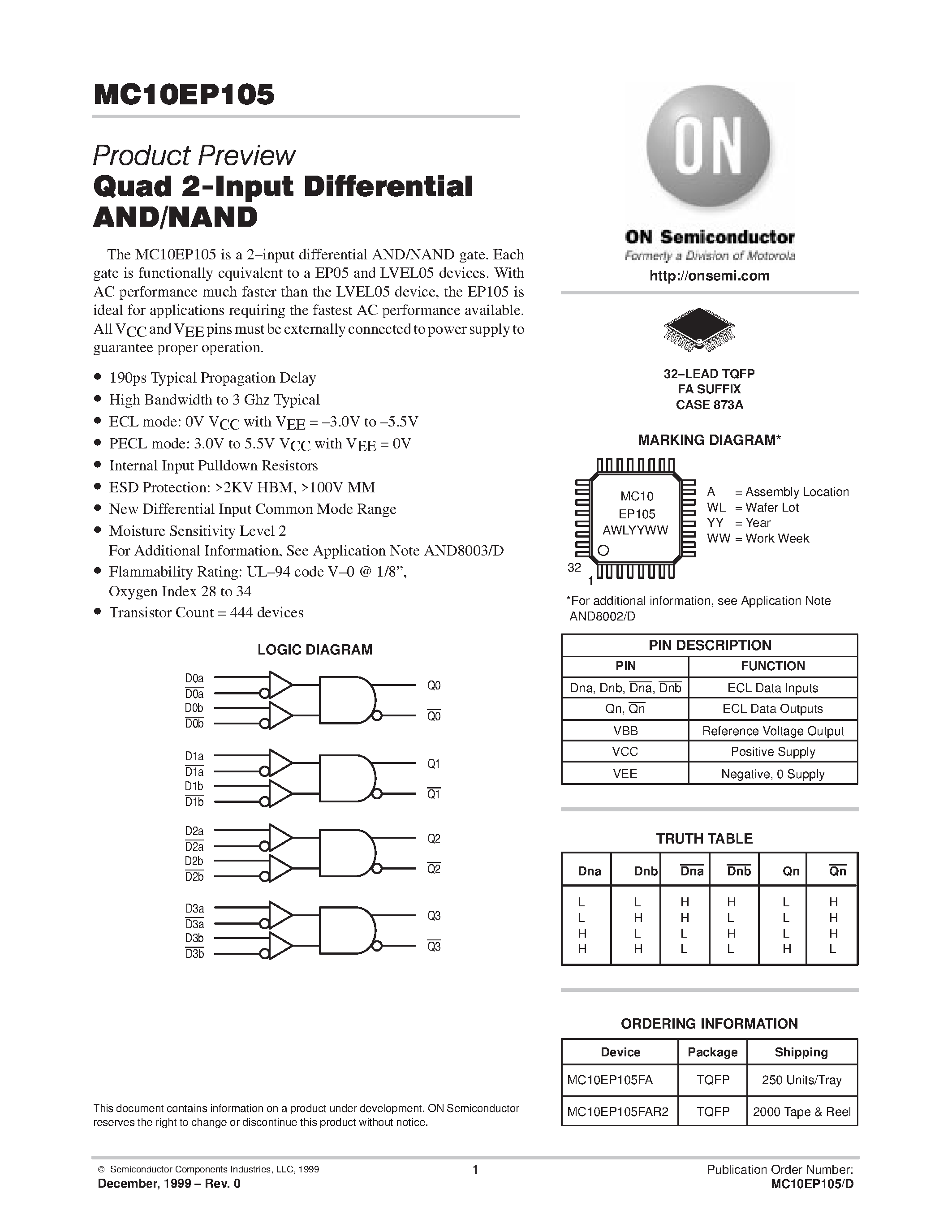 Даташит MC10EP105FA - 3.3V / 5VECL Quad 2-Input Differential AND/NAND страница 1