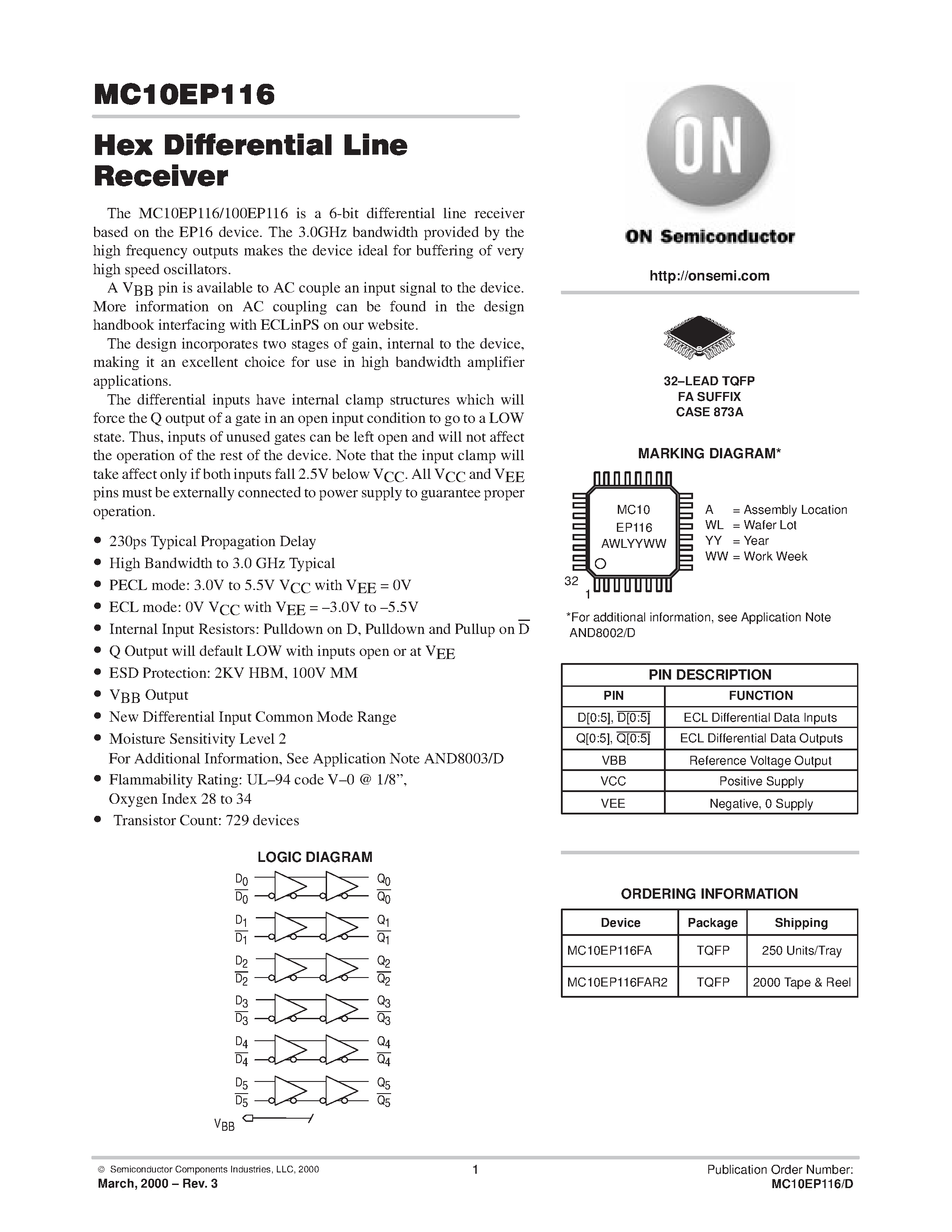 Даташит на микросхему MC10EP116FAR2 страница 1 Даташит MC10EP116FAR2 - Hex Differential Line Receiver страница 1