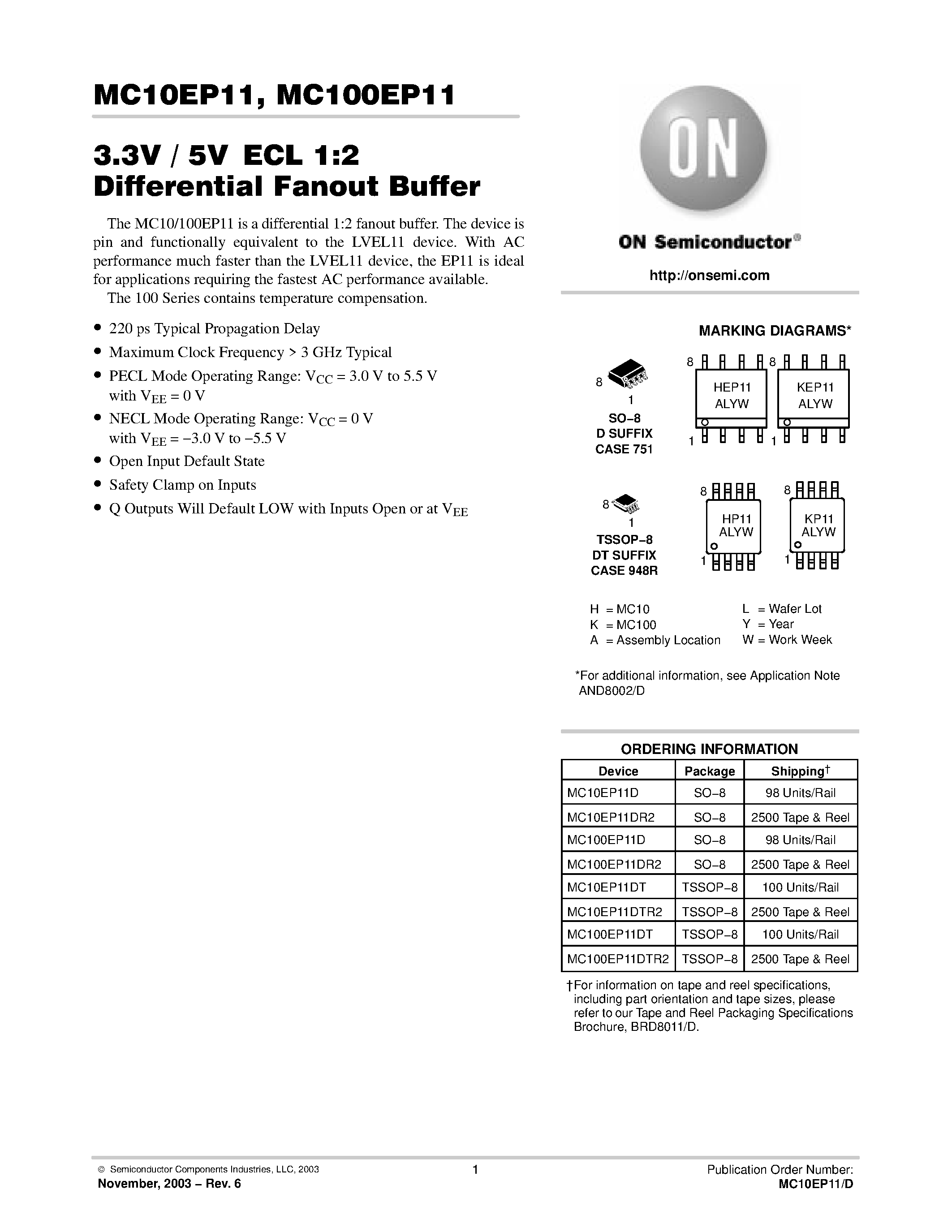Datasheet MC10EP11DT - 3.3V / 5VECL 1:2 Differential Fanout Buffer page 1