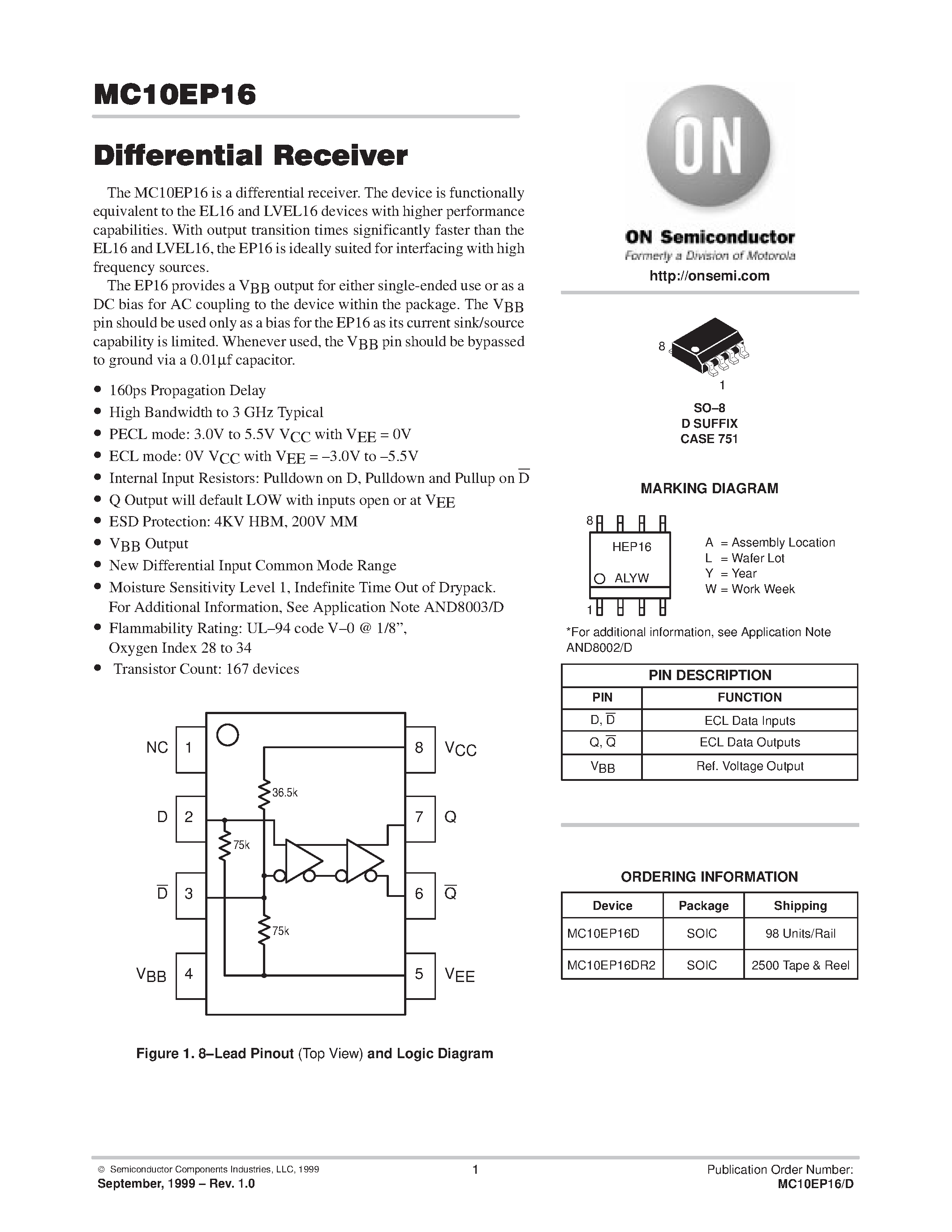Даташит на микросхему MC10EP16D страница 1 Даташит MC10EP16D - Differential Receiver страница 1