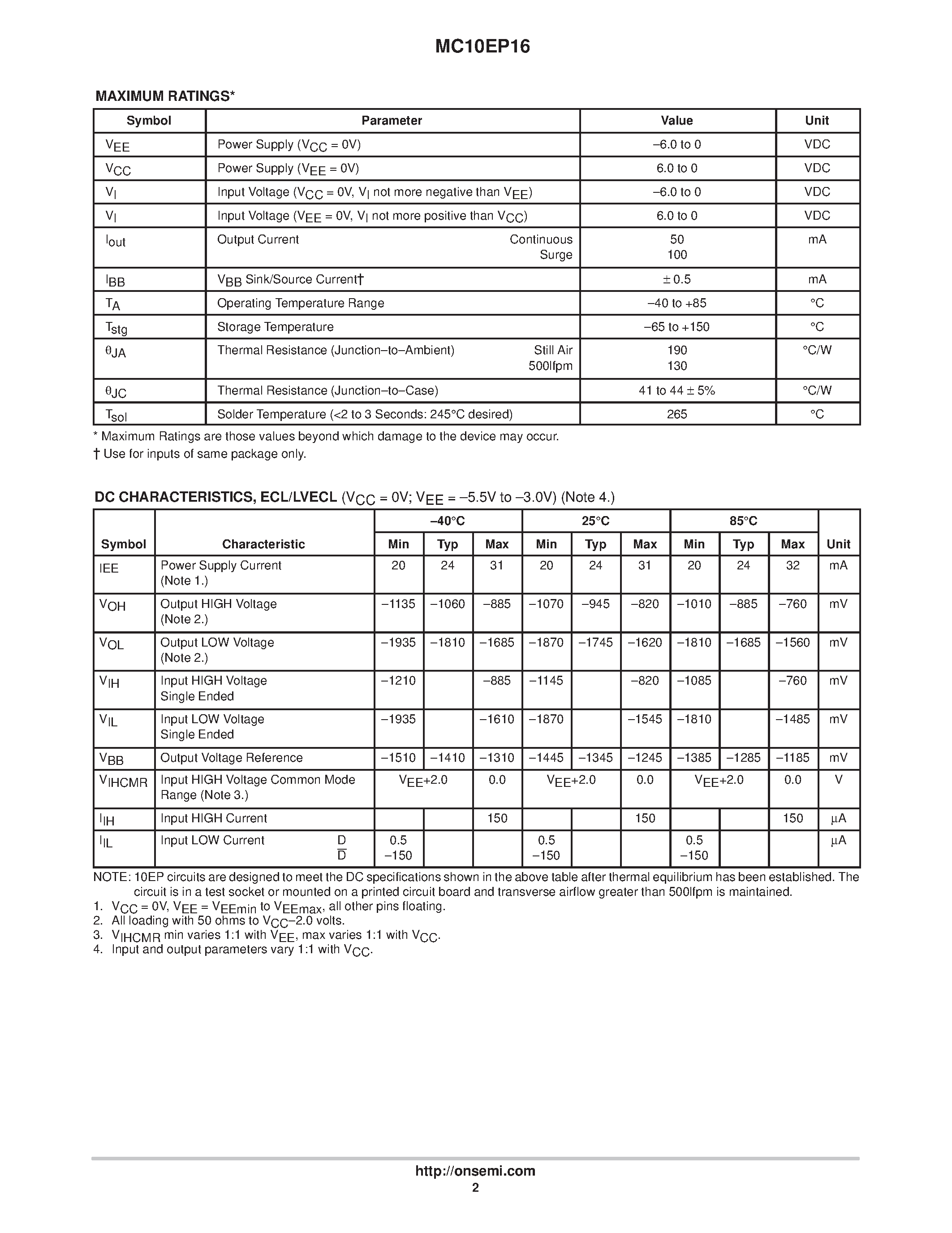 Даташит на микросхему MC10EP16DR2 страница 2 Даташит MC10EP16DR2 - Differential Receiver страница 2