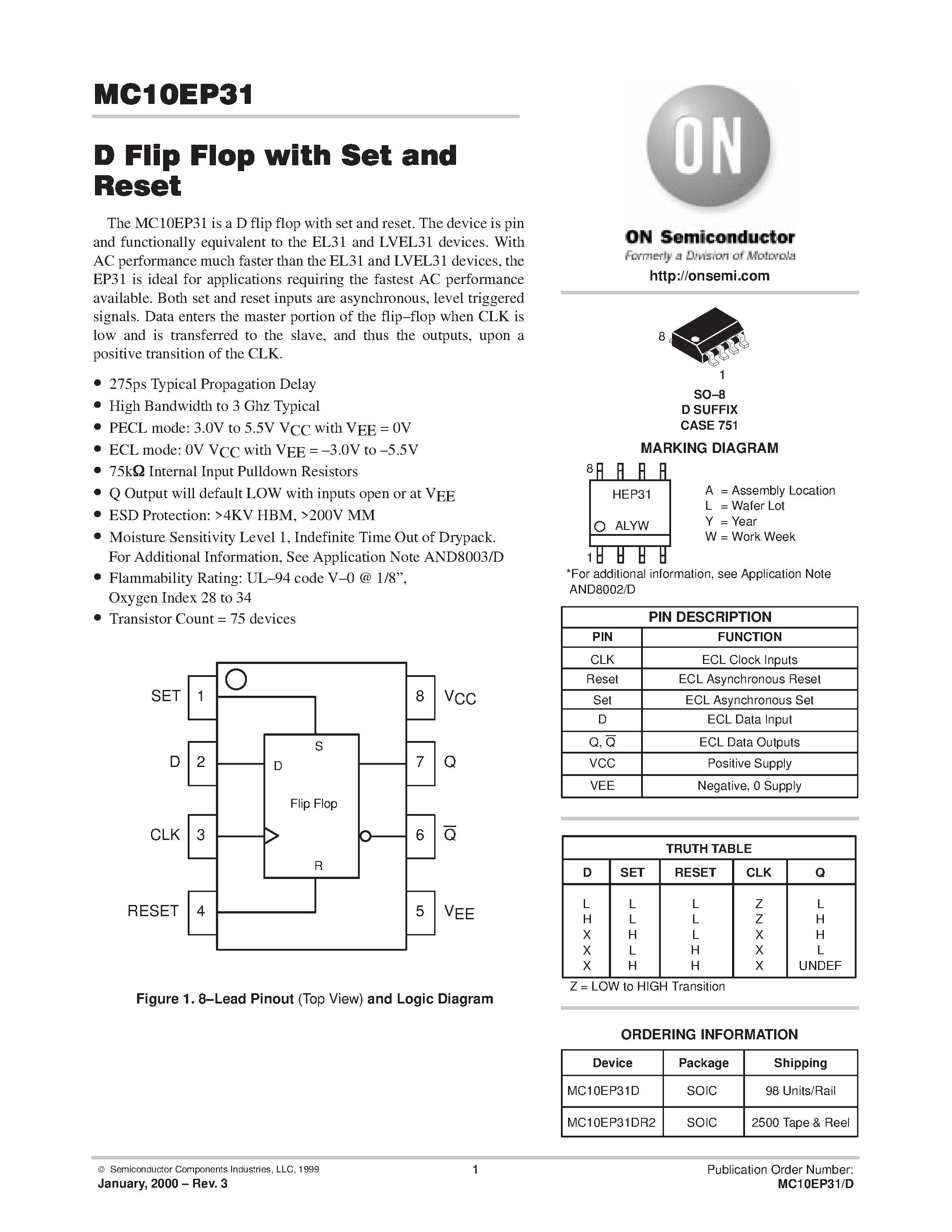 Даташит MC10EP31D - D Flip Flop with Set and Reset страница 1
