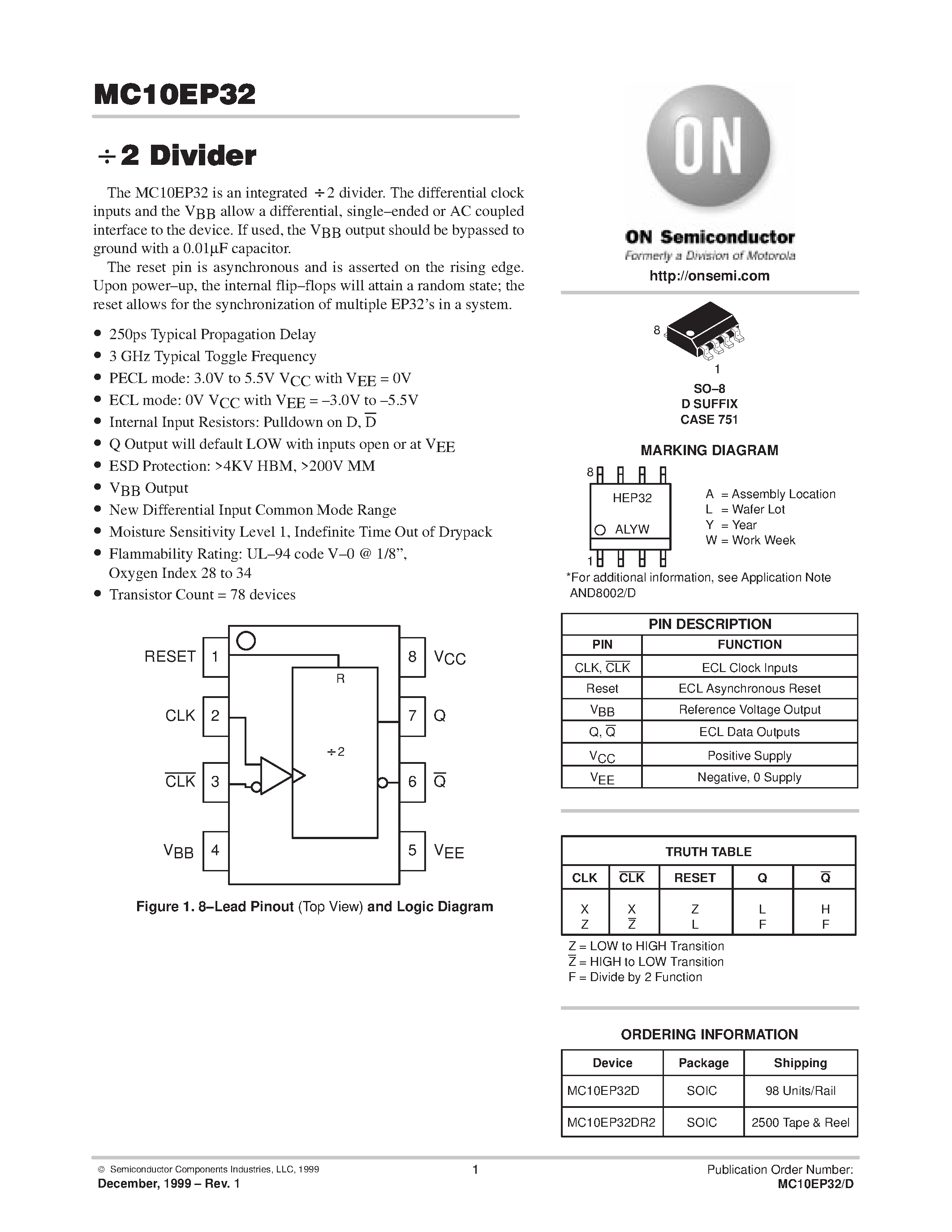 Даташит MC10EP32DR2 - 3.3V 5V ECL / 2 Divider страница 1
