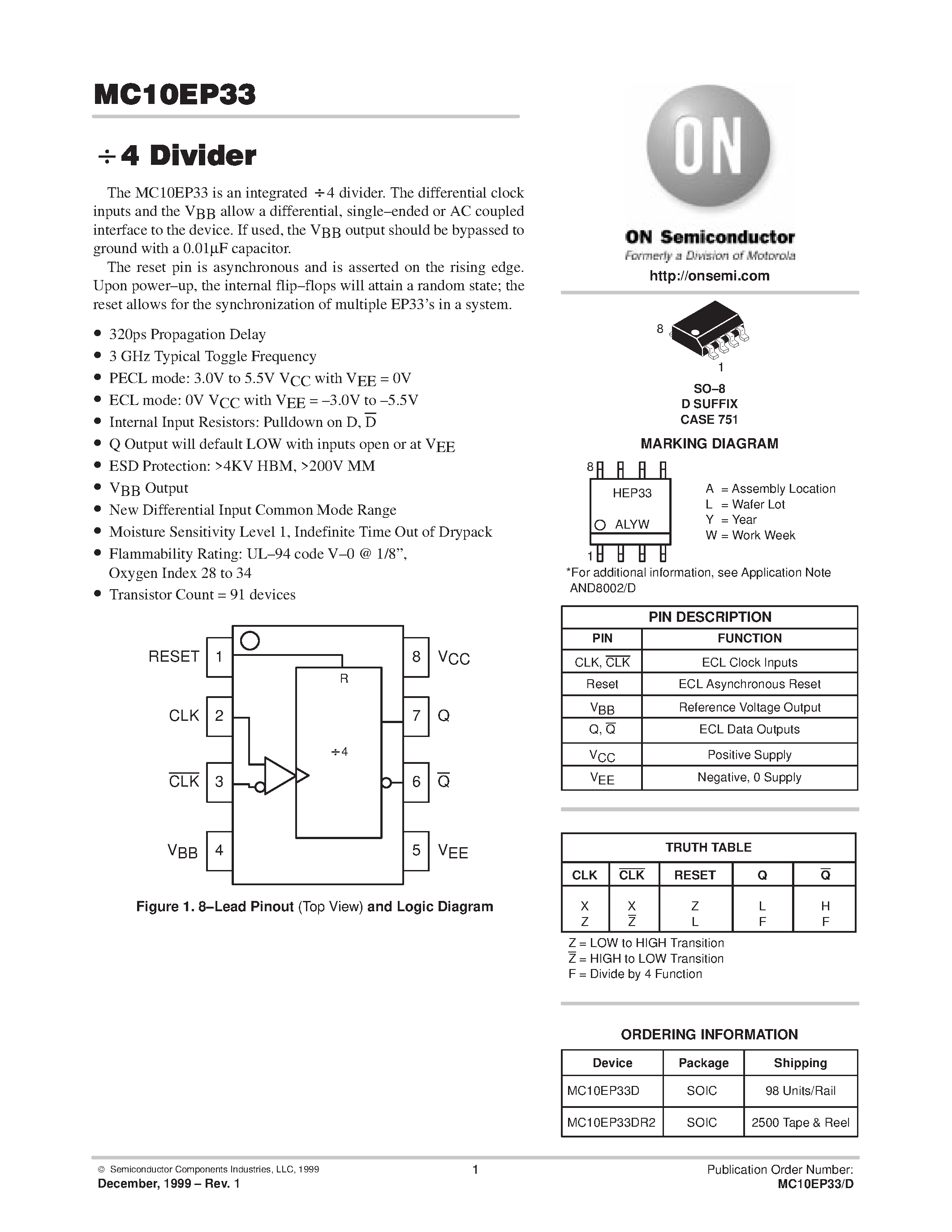 Datasheet MC10EP33 - 3.3V 5VECL / 4 Divider page 1