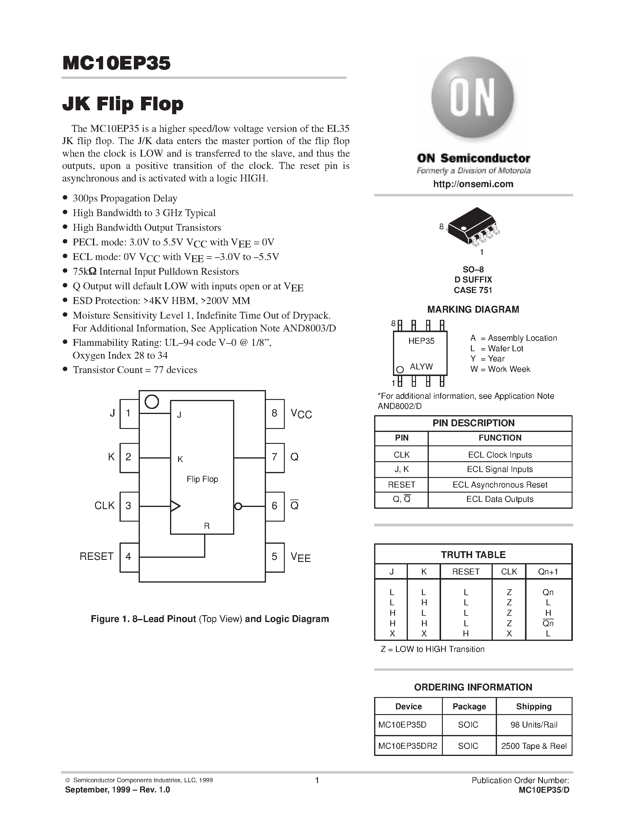 Даташит MC10EP35DR2 - JK Flip Flop страница 1