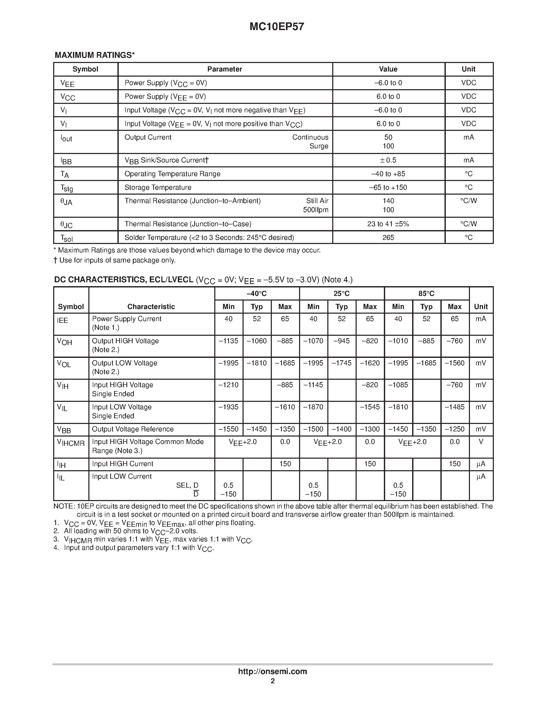 Datasheet MC10EP57DT - 4:1 Differential Multiplexer page 2