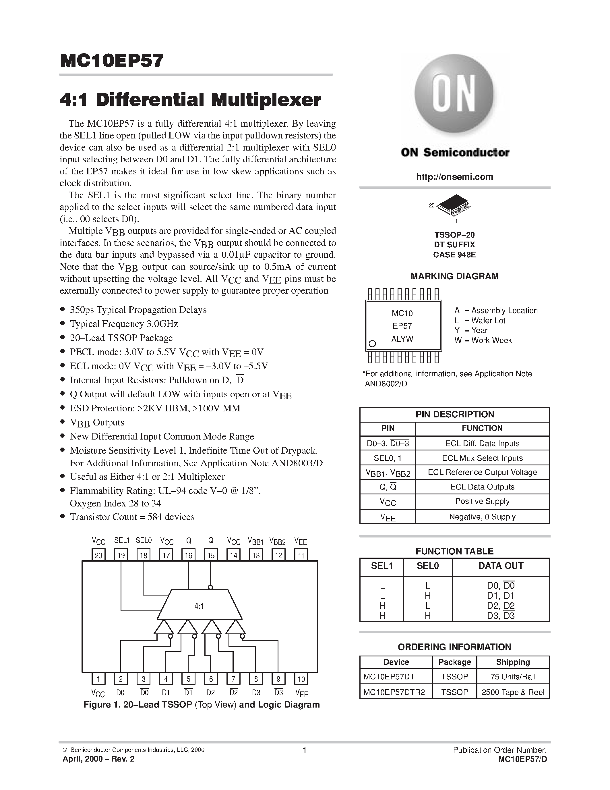 Datasheet MC10EP57DTR2 - 4:1 Differential Multiplexer page 1