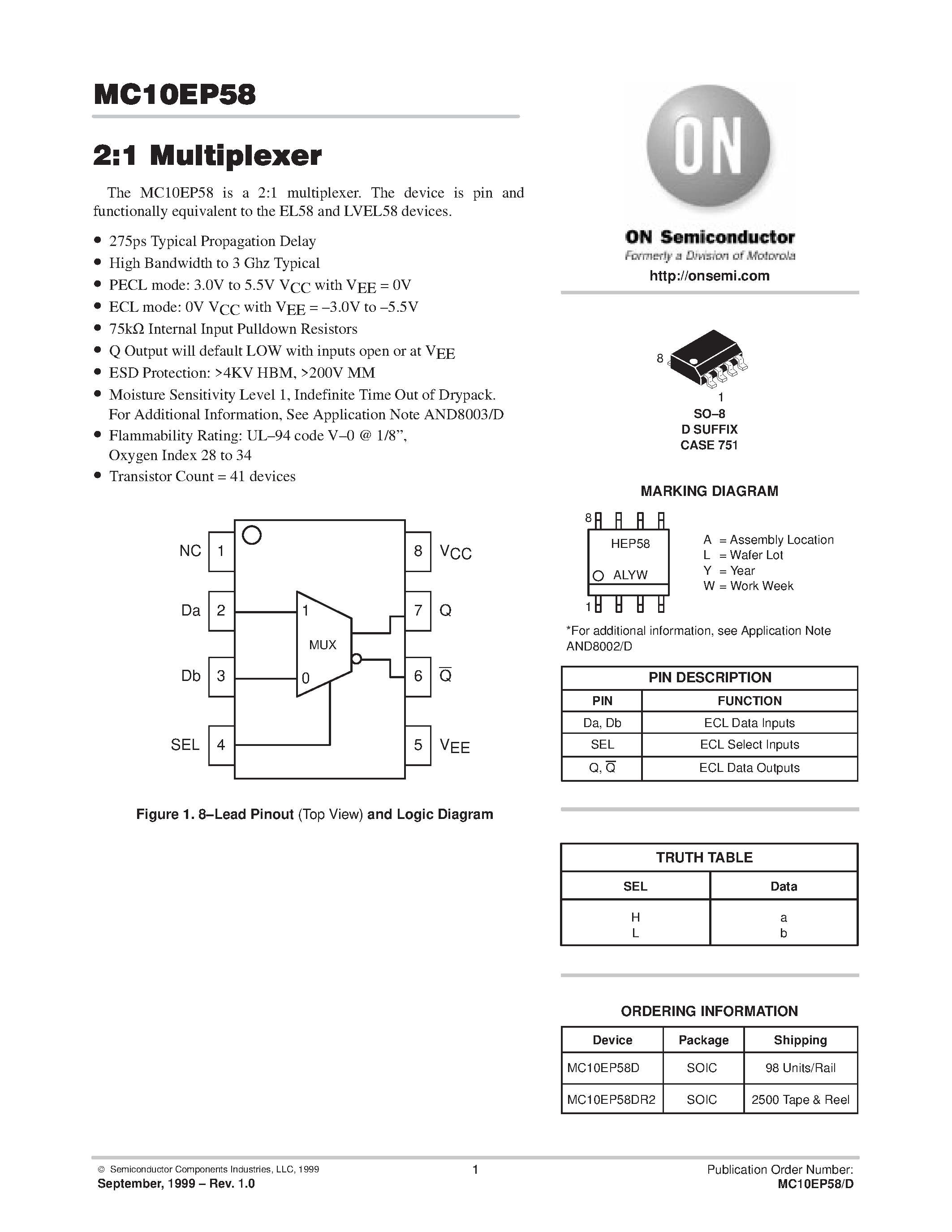 Даташит MC10EP58D - 2:1 Multiplexer страница 1
