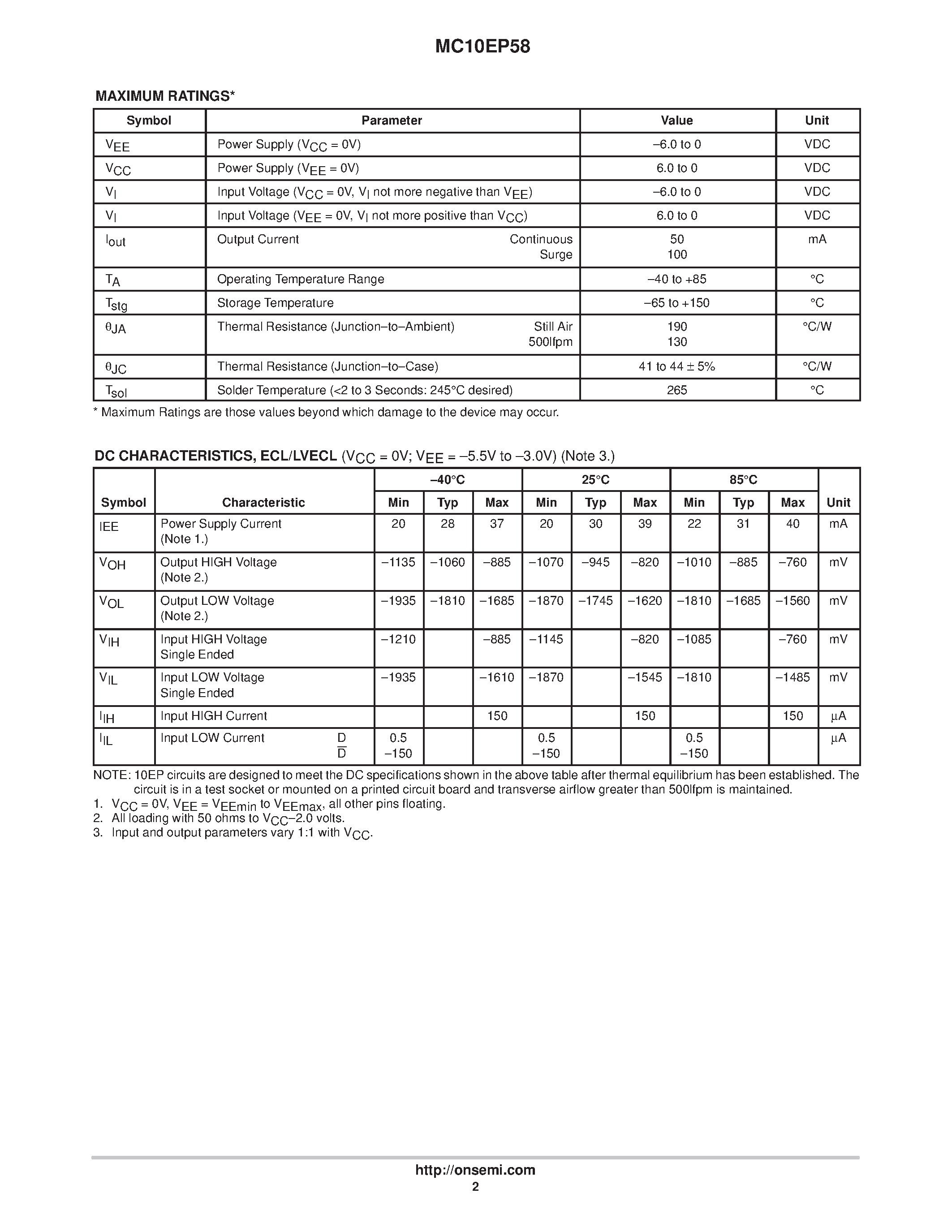 Даташит MC10EP58DR2 - 2:1 Multiplexer страница 2