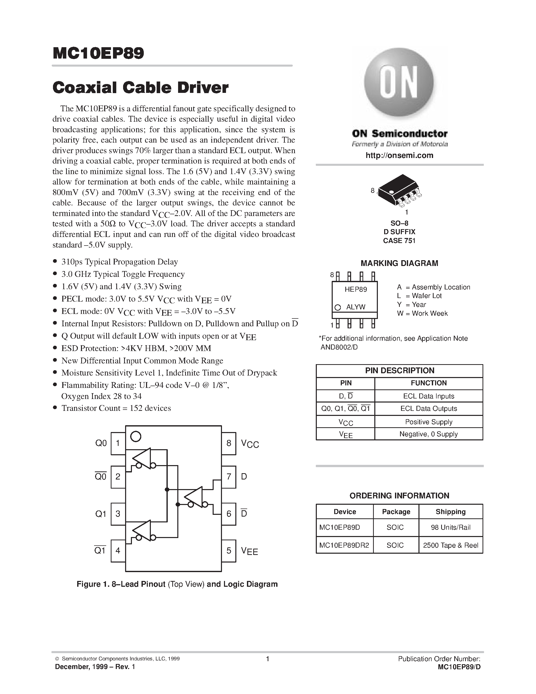 Даташит MC10EP89 - Coaxial Cable Driver страница 1