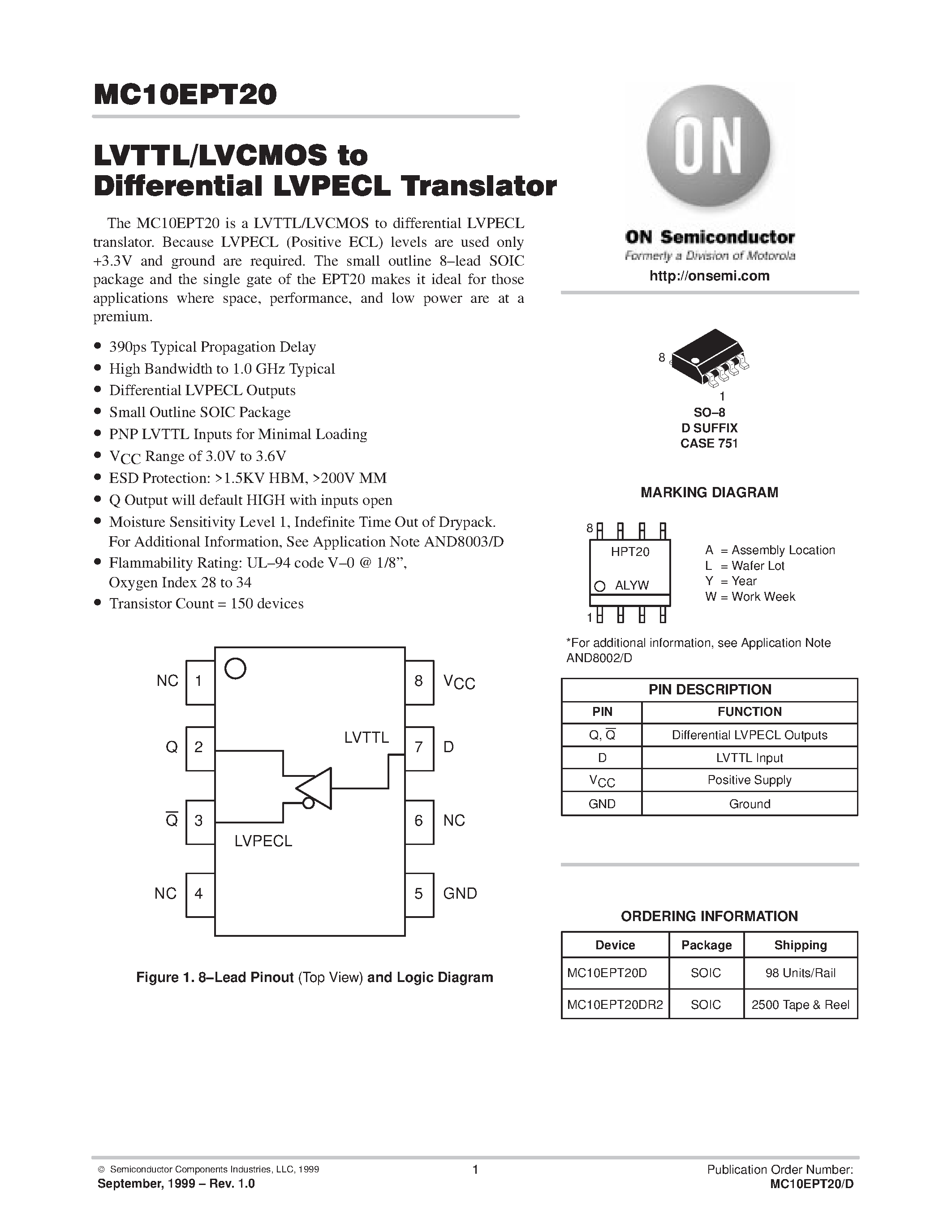 Даташит MC10EPT20 - 3.3VLVTTL/LVCMOS to Differential LVPECL Translator страница 1