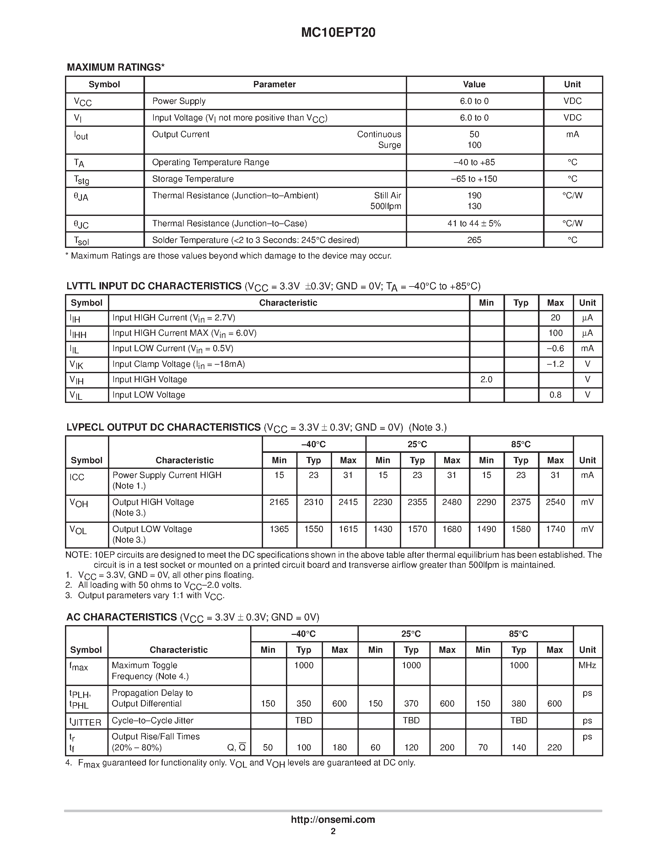 Даташит MC10EPT20 - 3.3VLVTTL/LVCMOS to Differential LVPECL Translator страница 2