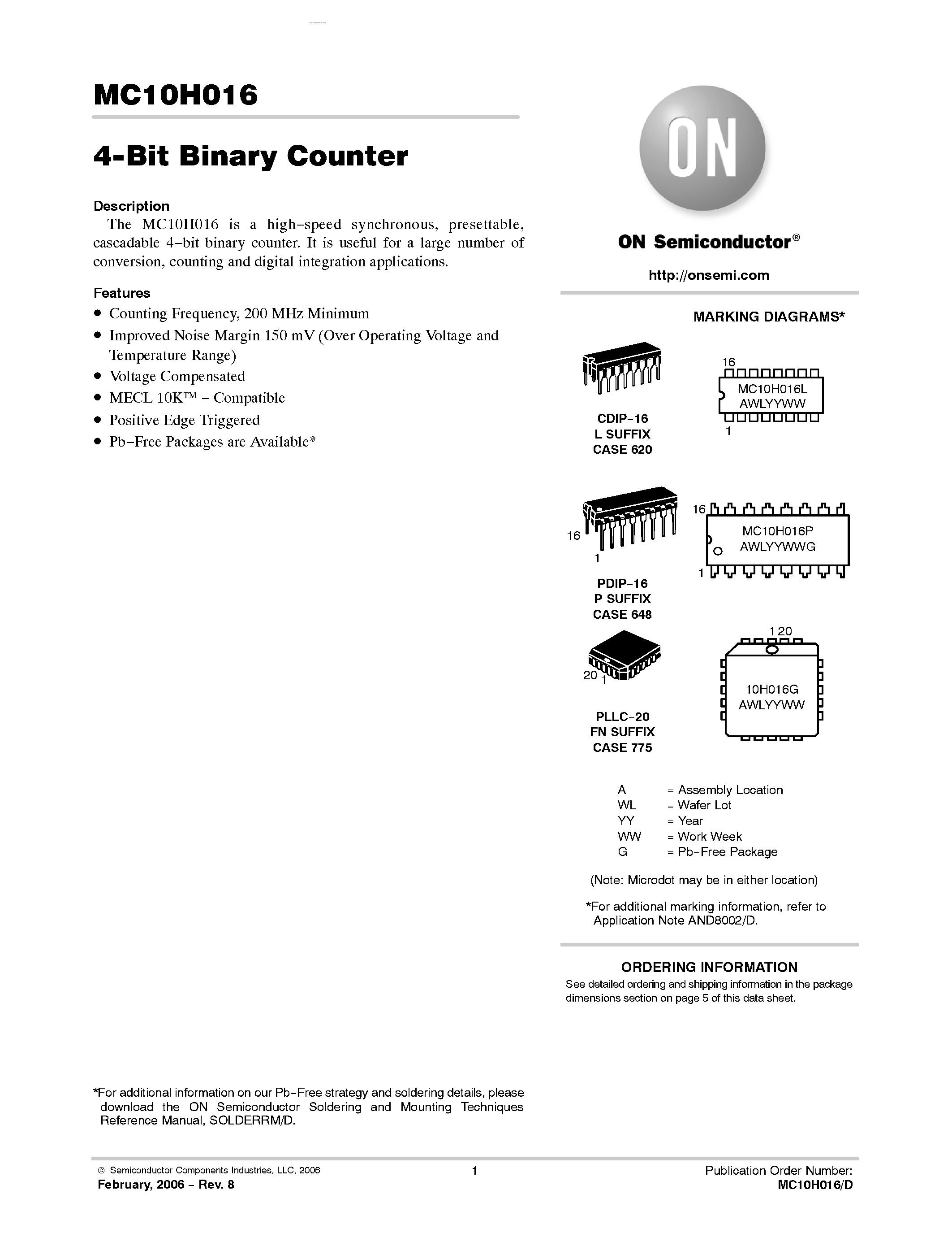 Datasheet MC10H016 - 4-Bit Binary Counter page 1