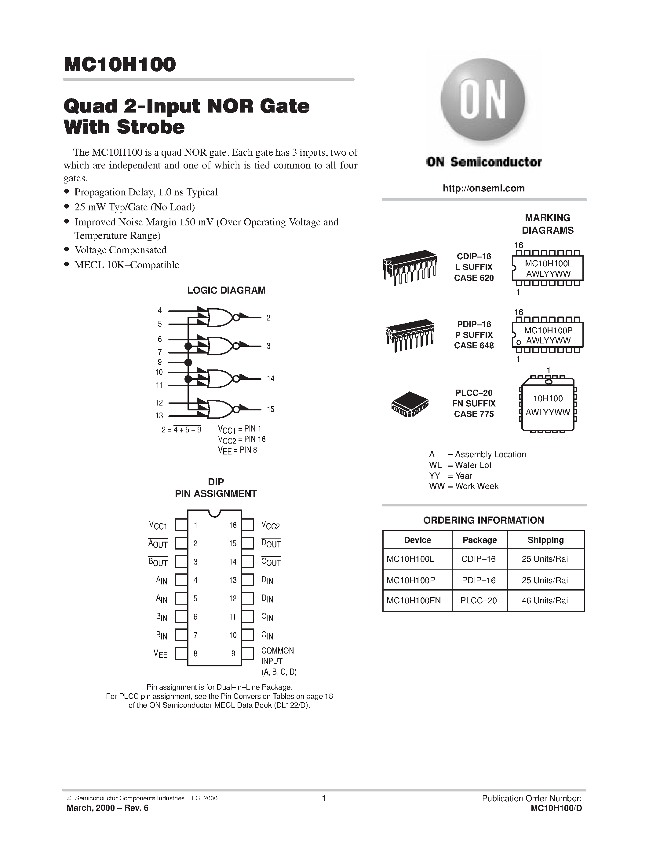 Даташит на микросхему MC10H100 страница 1 Даташит MC10H100 - Quad 2 - input NOR GATE With strobe страница 1