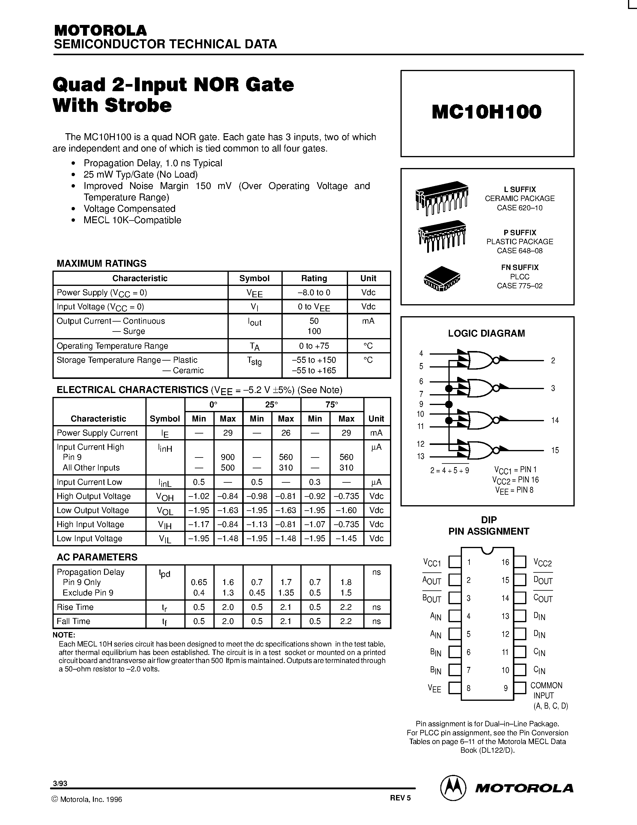 Даташит на микросхему MC10H100P страница 1 Даташит MC10H100P - Quad 2-Input NOR Gate With Strobe страница 1