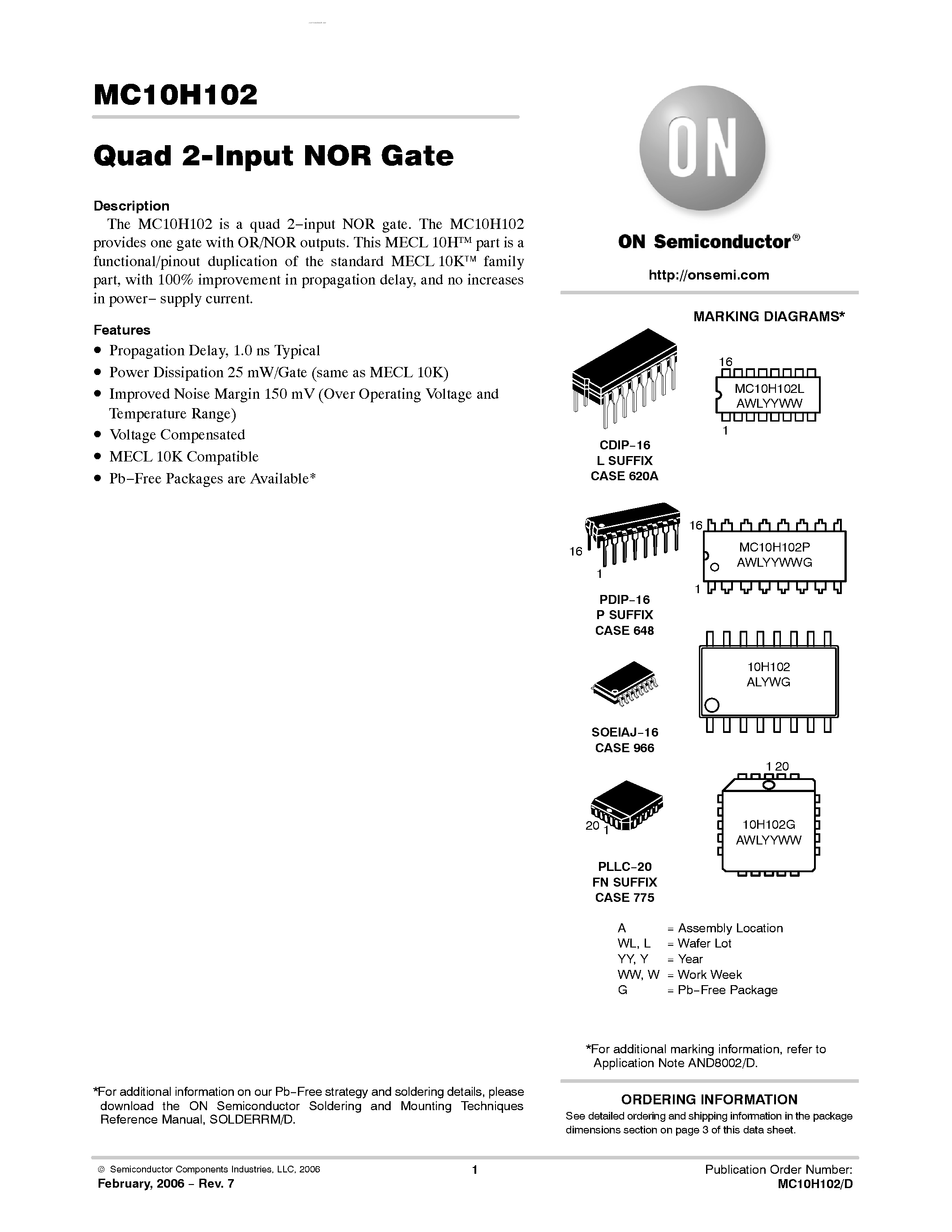 Даташит на микросхему MC10H102 страница 1 Даташит MC10H102 - Quad 2-Input NOR Gate страница 1