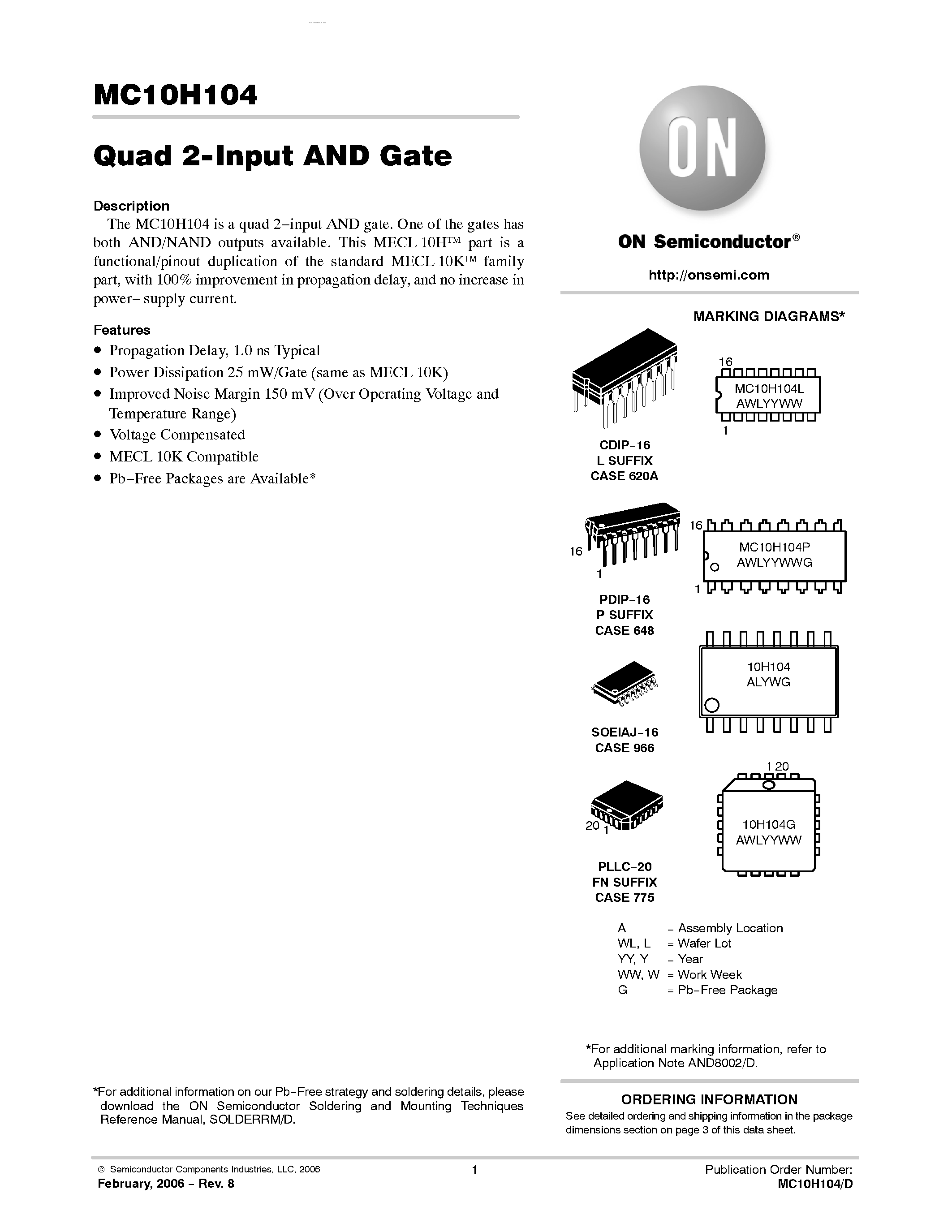 Даташит MC10H104 - Quad 2-Input AND Gate страница 1