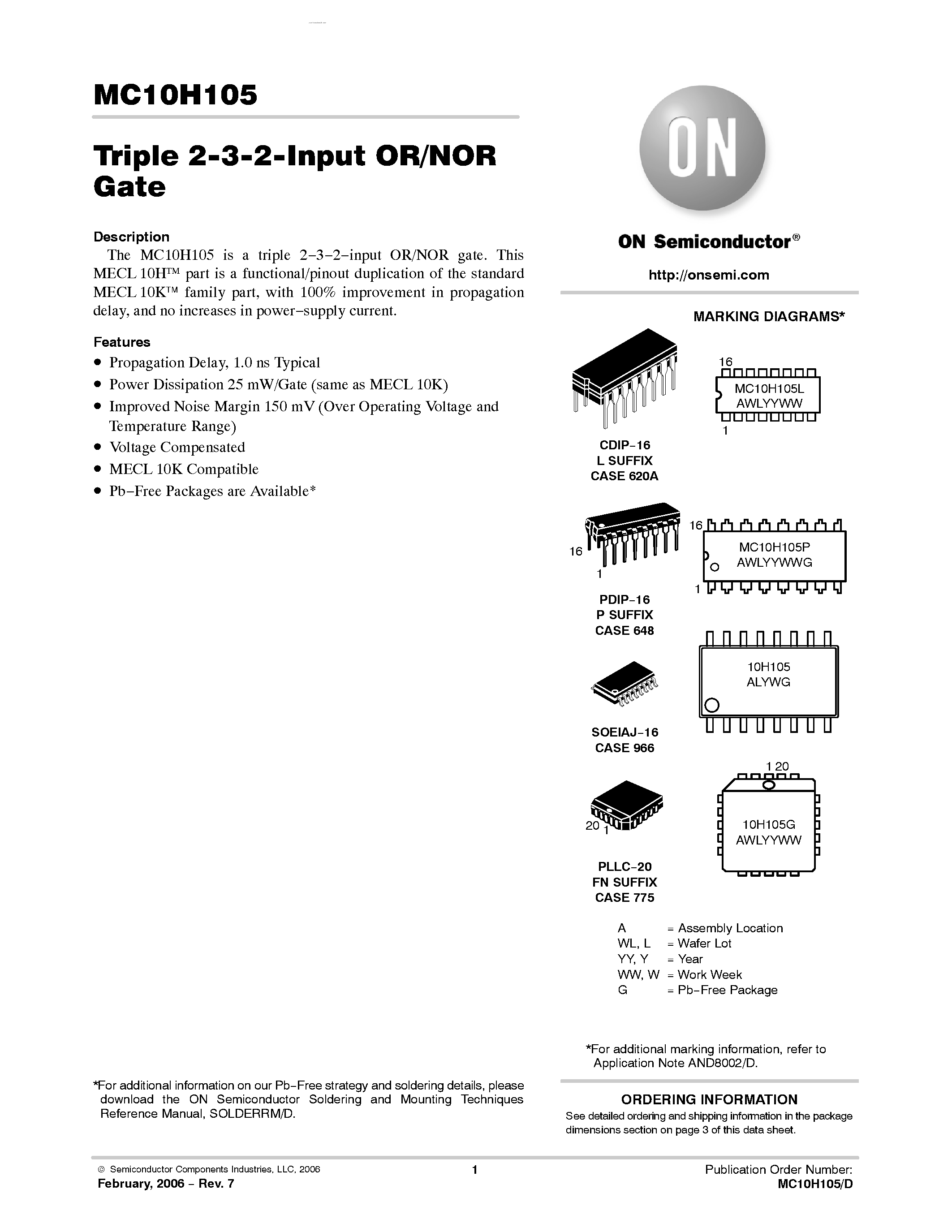 Даташит на микросхему MC10H105 страница 1 Даташит MC10H105 - Triple 2-3-2-Input OR/NOR Gate страница 1