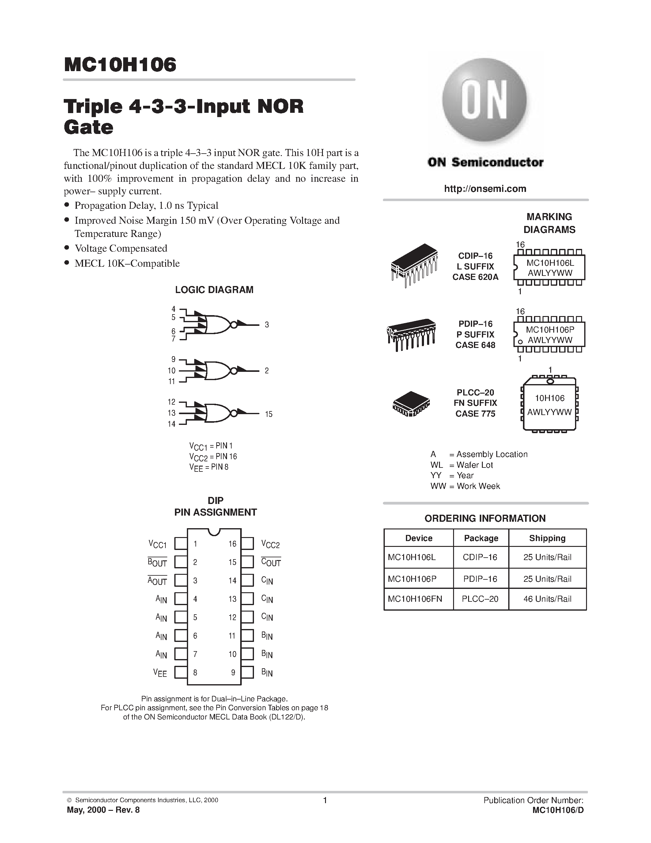 Datasheet MC10H106L - Triple 4-3-3-Onput NOR Gate page 1