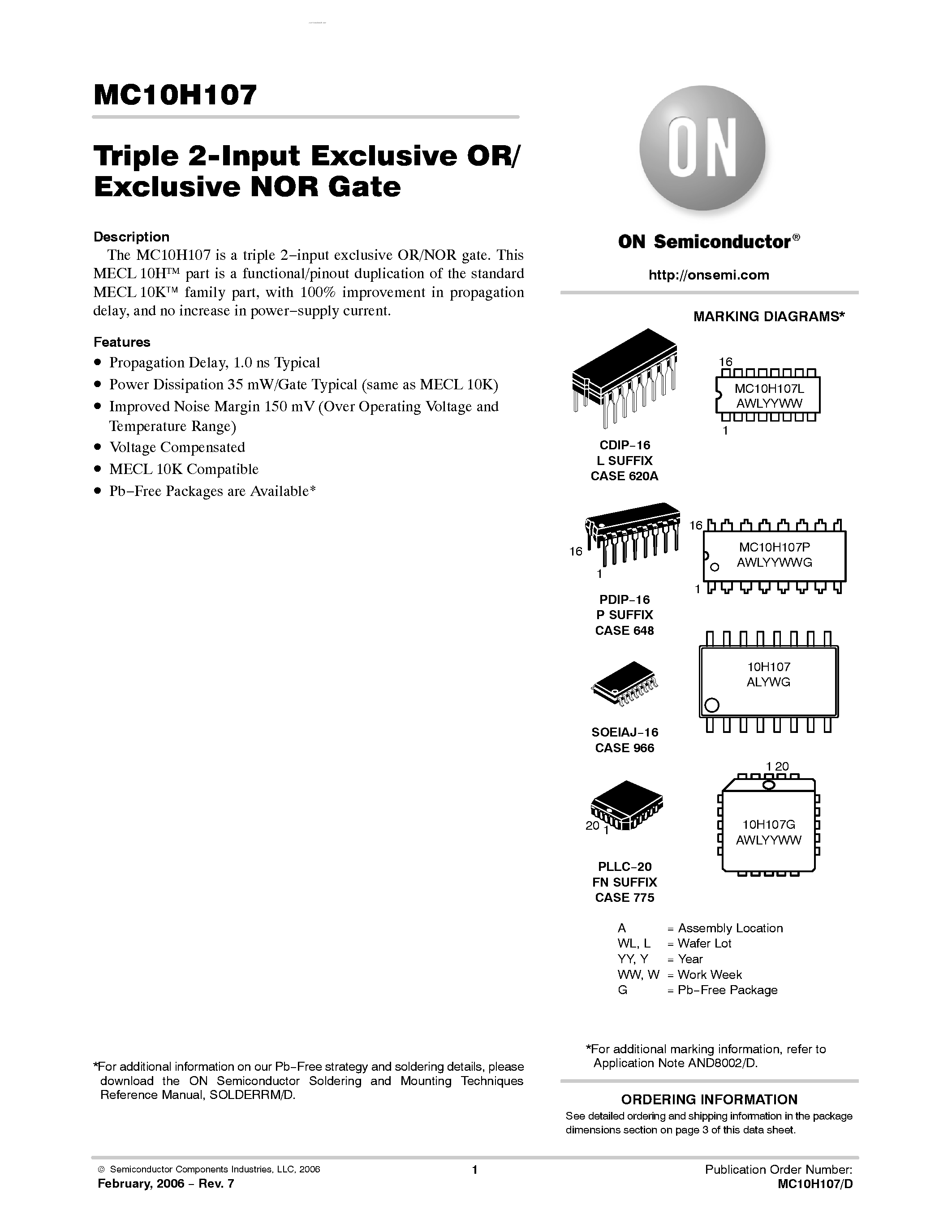 Даташит MC10H107 - Triple 2-Input Exclusive OR/Exclusive NOR Gate страница 1
