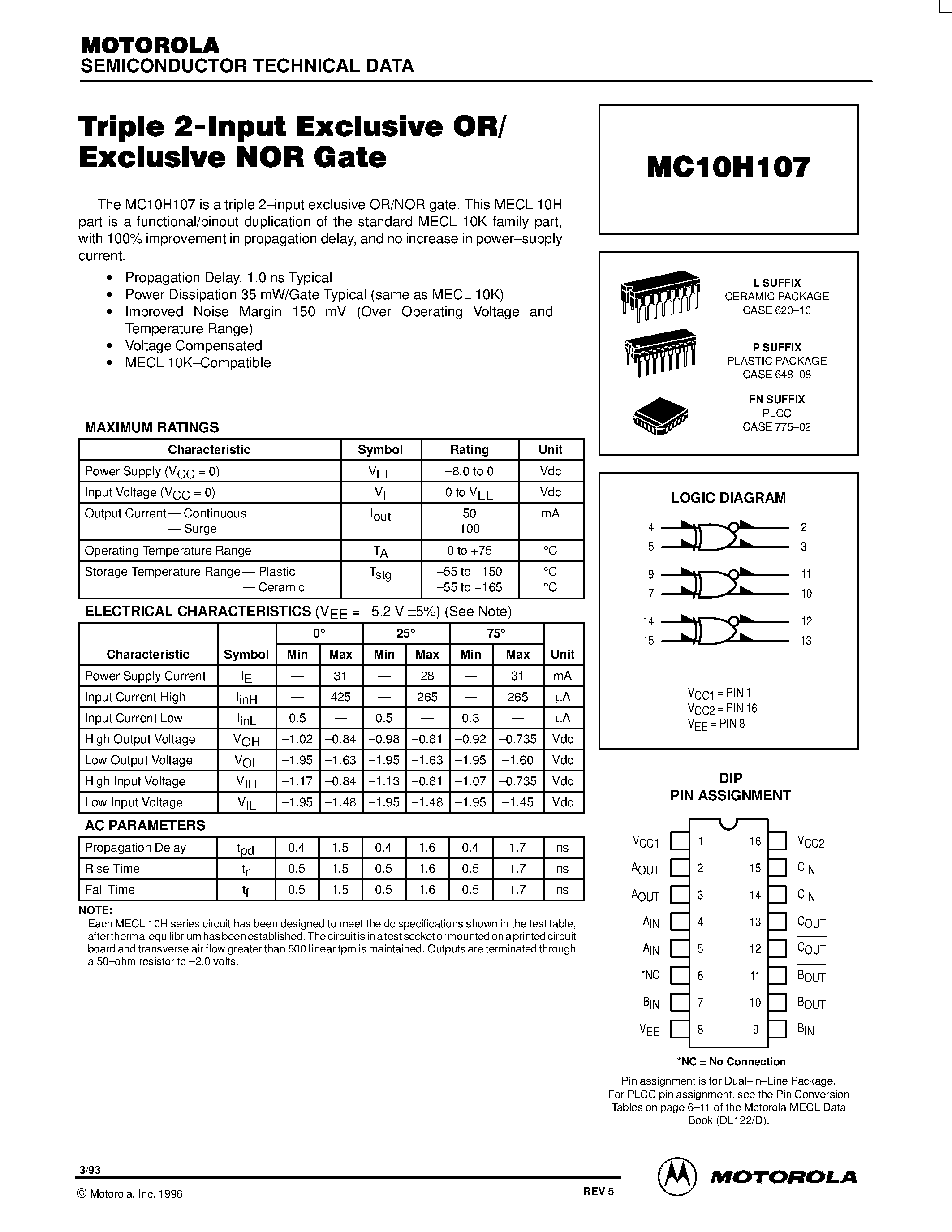 Даташит MC10H107P - Triple 2-Input Exclusive OR/Exclusive NOR Gate страница 1