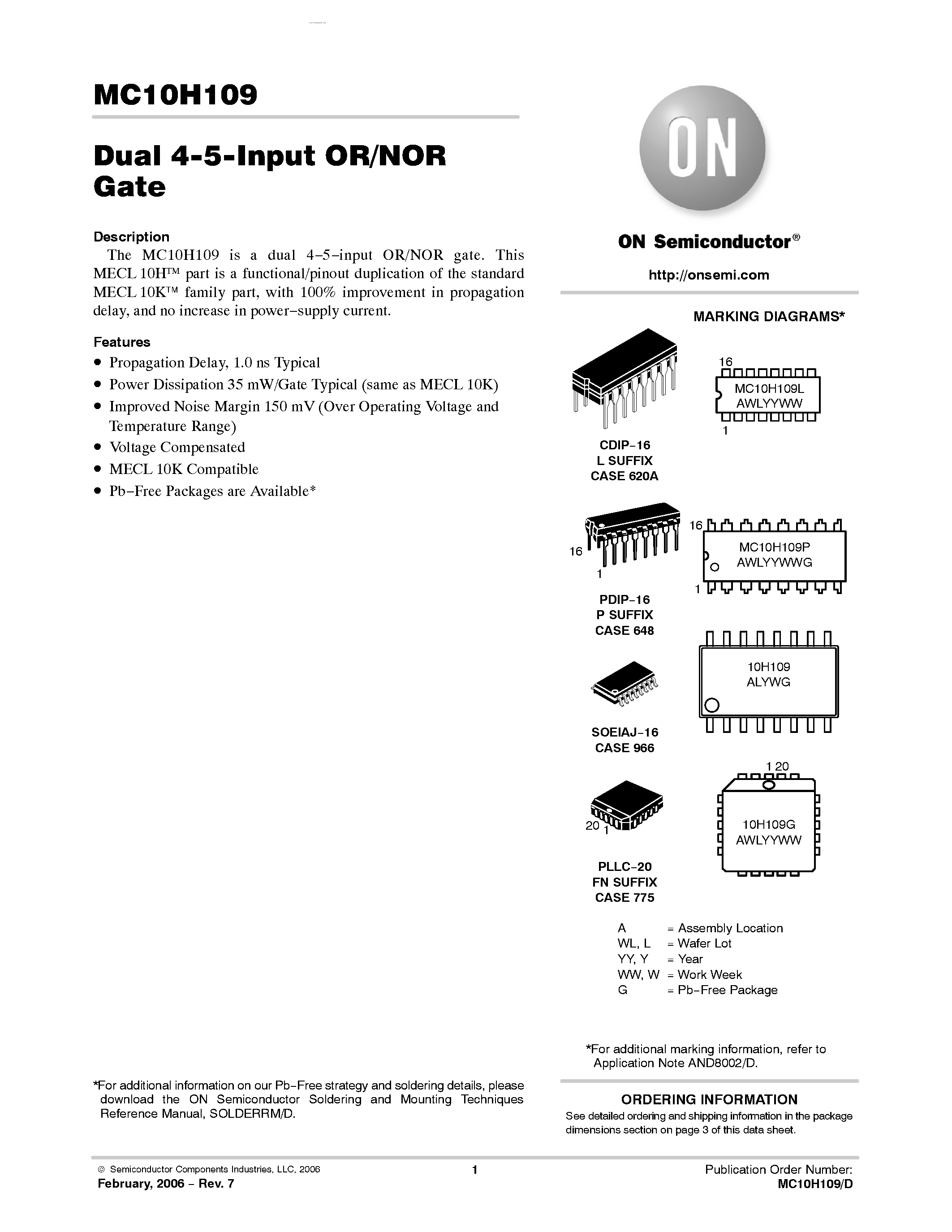 Datasheet MC10H109 - Dual 4-5-Input OR/NOR Gate page 1