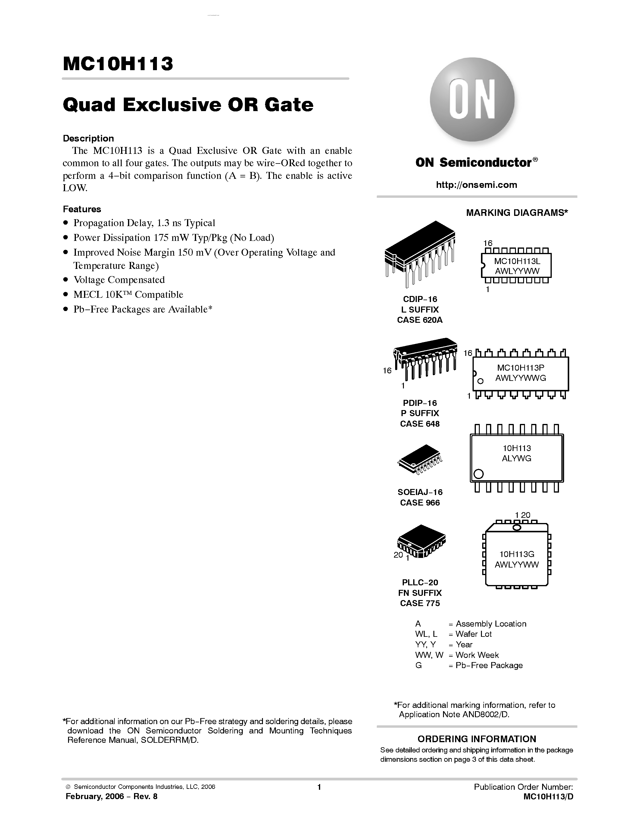 Даташит MC10H113 - Quad Exclusive OR Gate страница 1