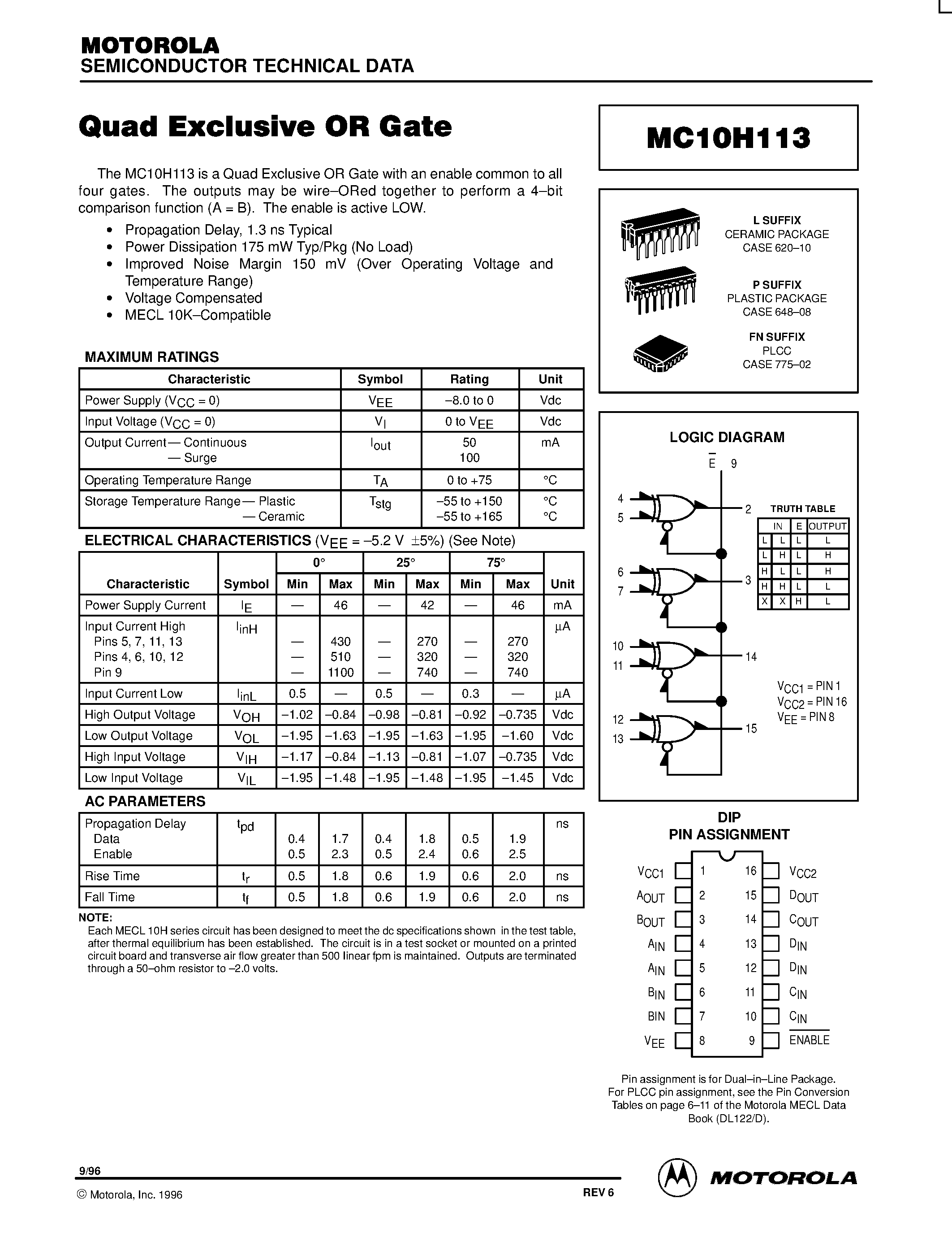 Даташит MC10H113L - Quad Exclusive OR Gate страница 1