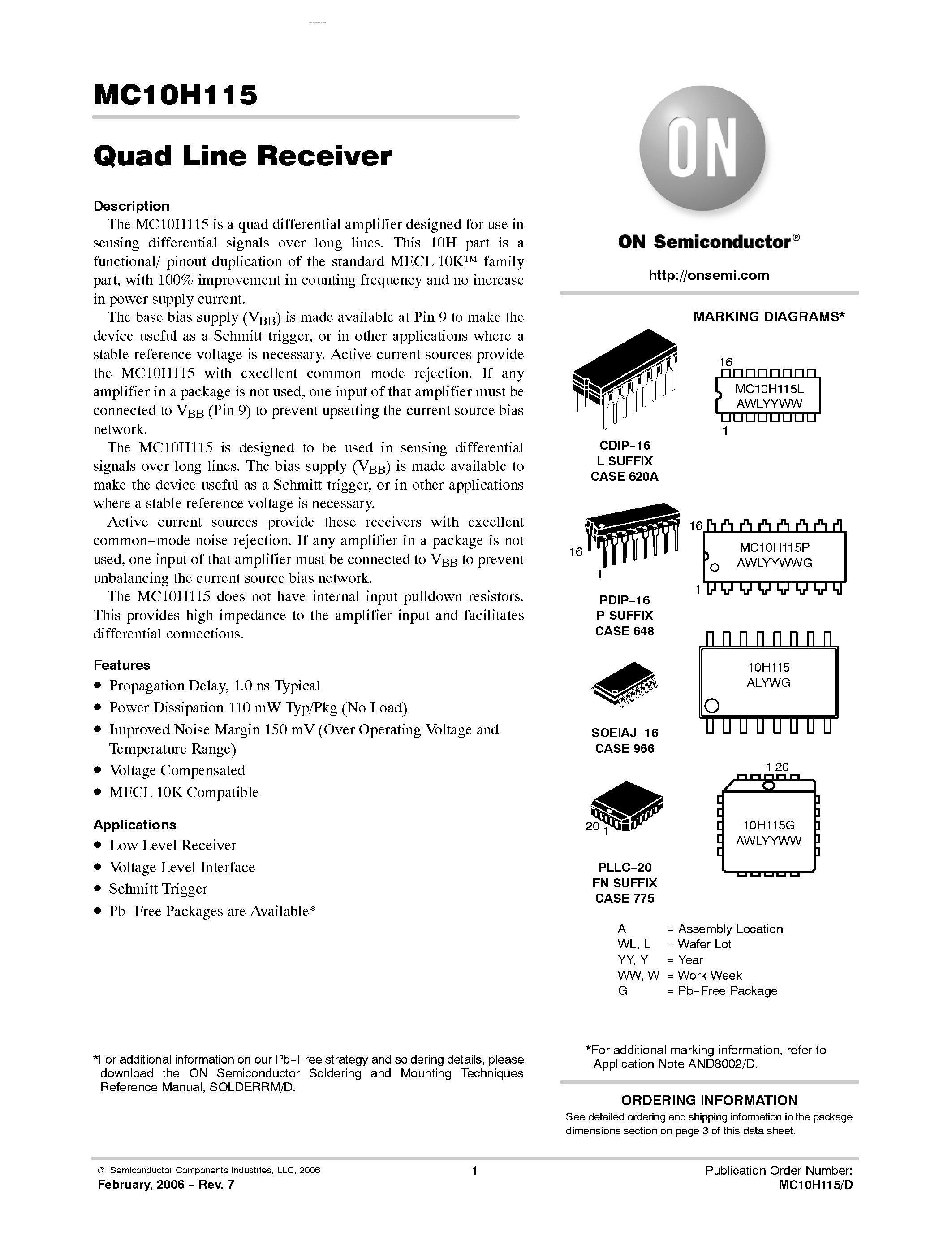 Даташит MC10H115 - Quad Line Receiver страница 1