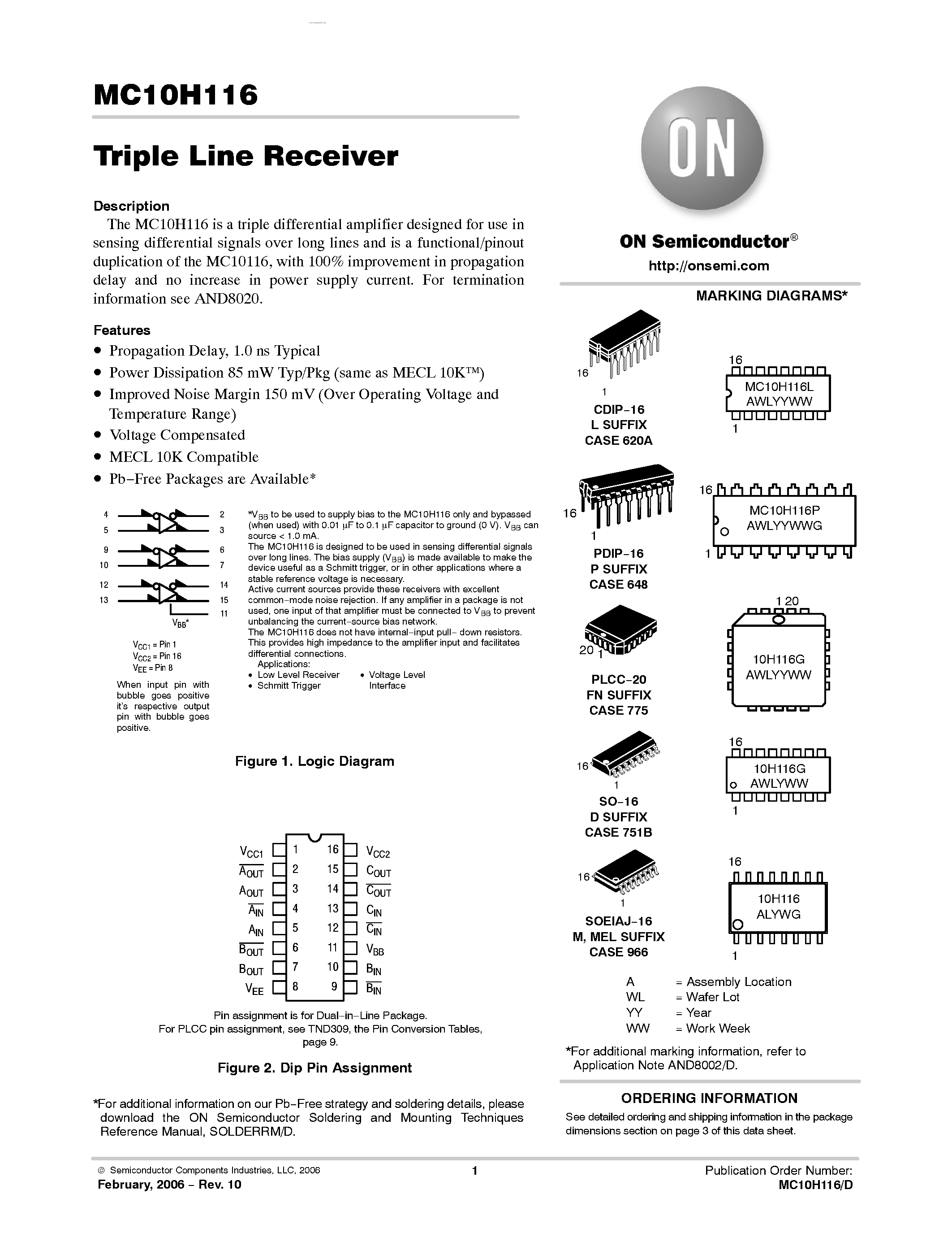 Даташит MC10H116 - Triple Line Receiver страница 1