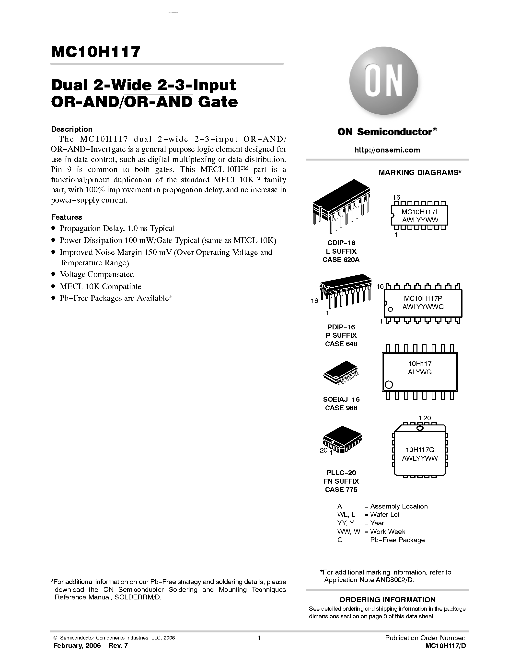Даташит на микросхему MC10H117 страница 1 Даташит MC10H117 - Dual 2-Wide 2-3-Input OR-AND/OR-AND Gate страница 1
