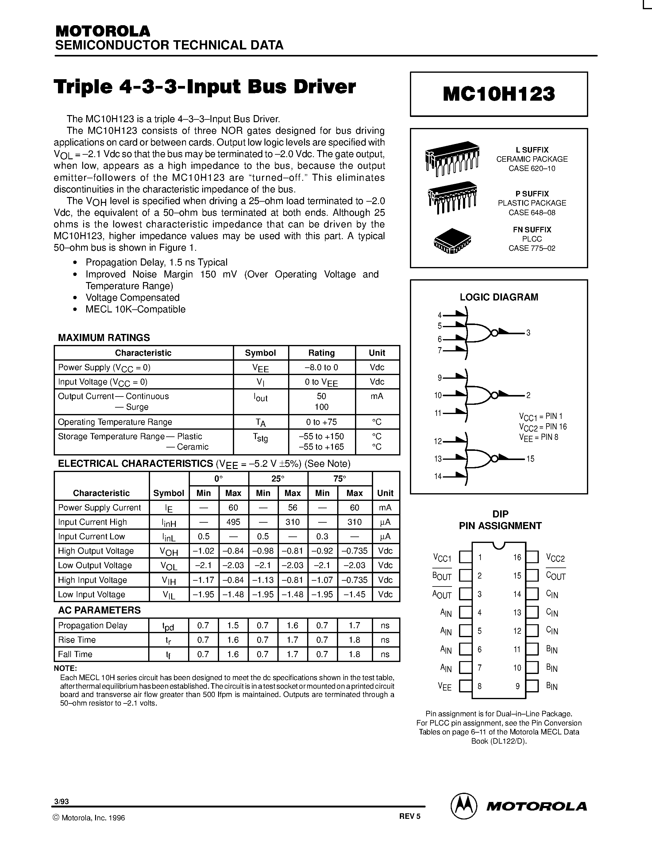 Datasheet MC10H123L - Triple 4-3-3-Input Bus Driver page 1
