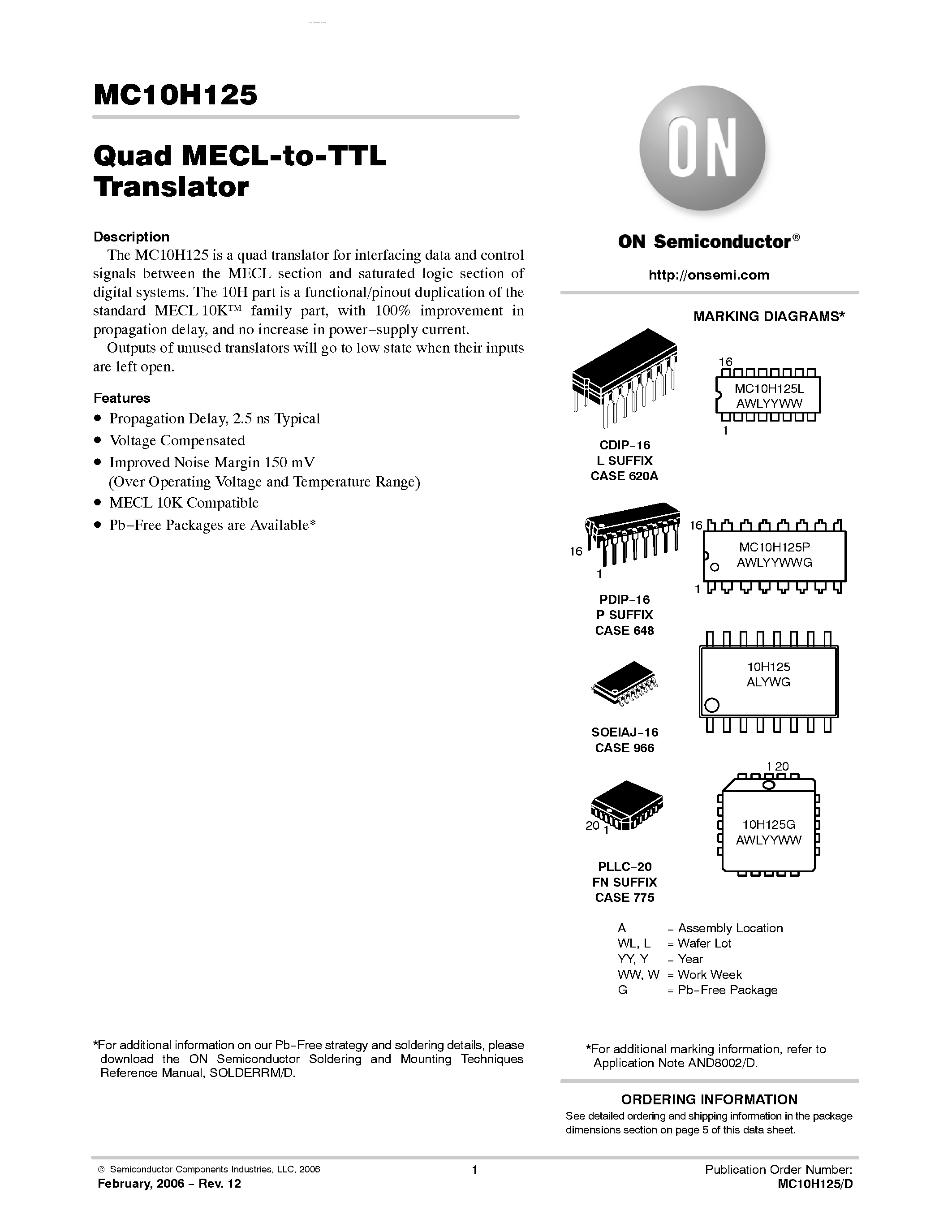 Даташит на микросхему MC10H125 страница 1 Даташит MC10H125 - Quad MECL-to-TTL Translator страница 1