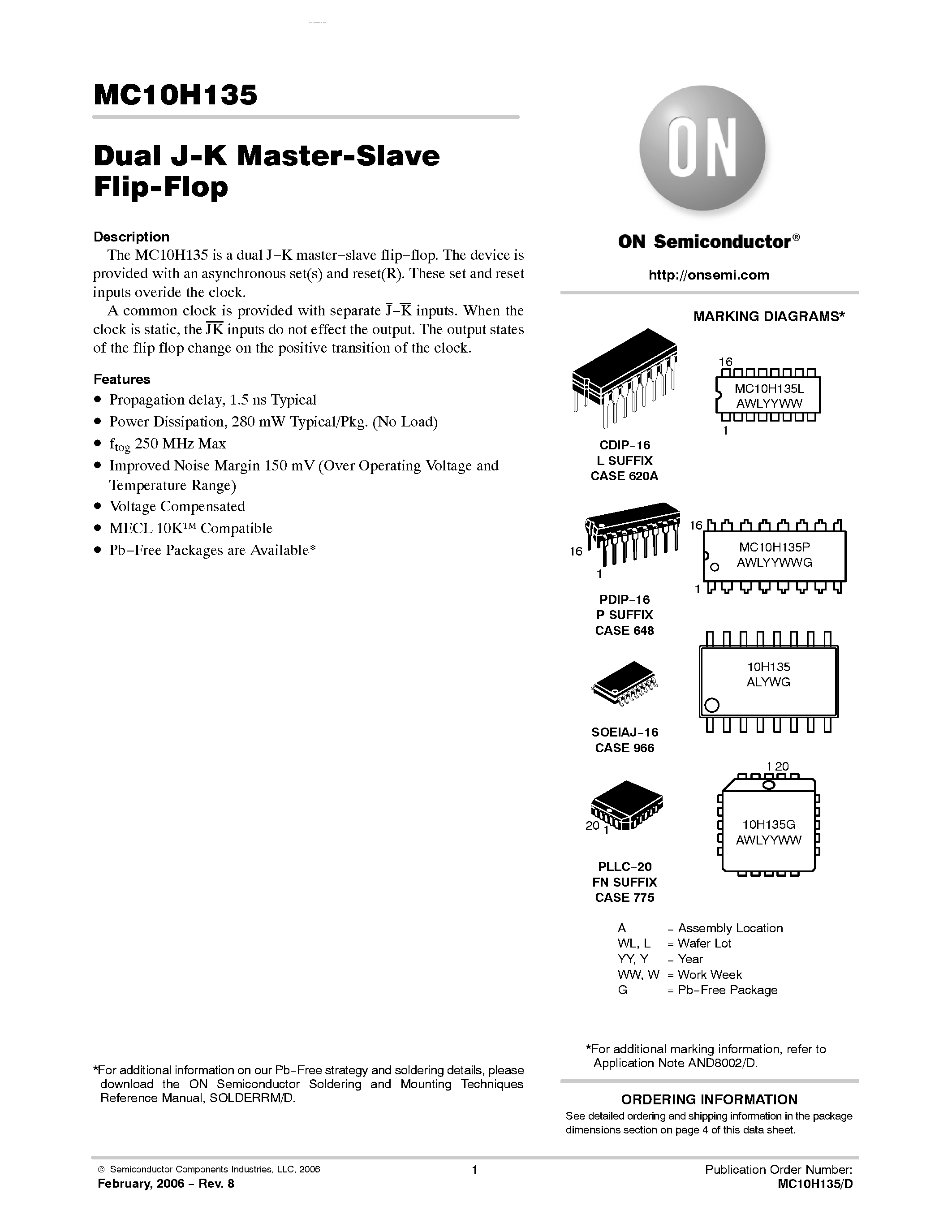 Datasheet MC10H135 - Dual J-K Master-Slave Flip-Flop page 1
