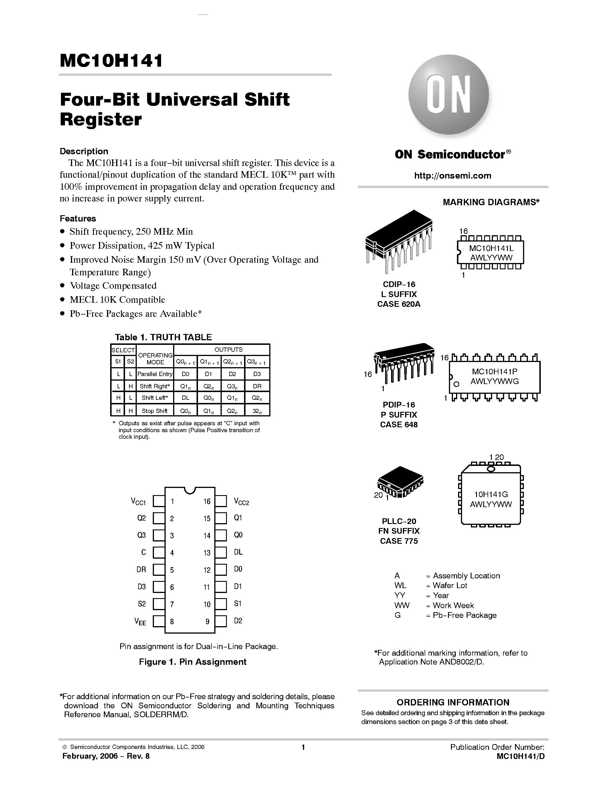 Datasheet MC10H141 page 1 Datasheet MC10H141 - Four-Bit Universal Shift Register page 1