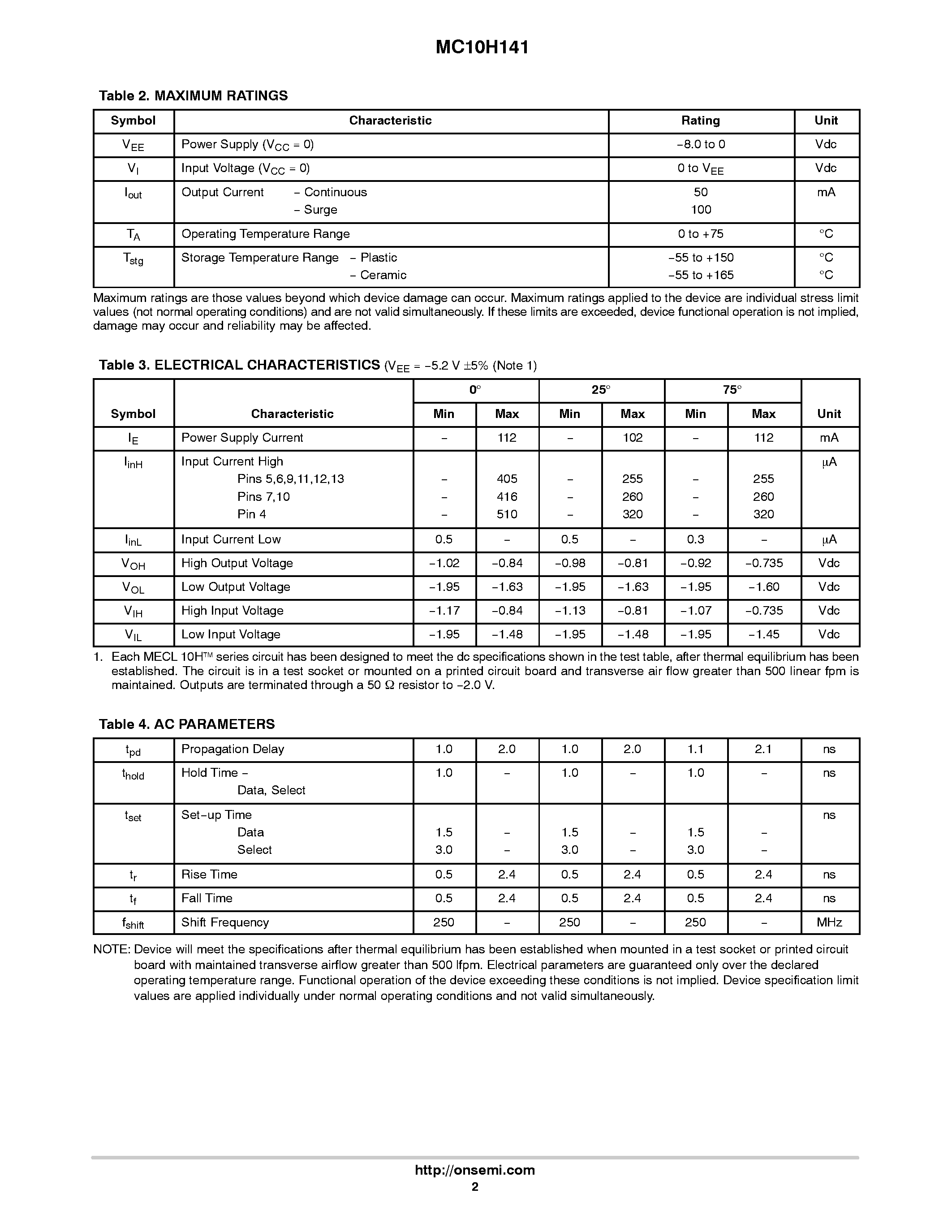 Datasheet MC10H141 page 2 Datasheet MC10H141 - Four-Bit Universal Shift Register page 2