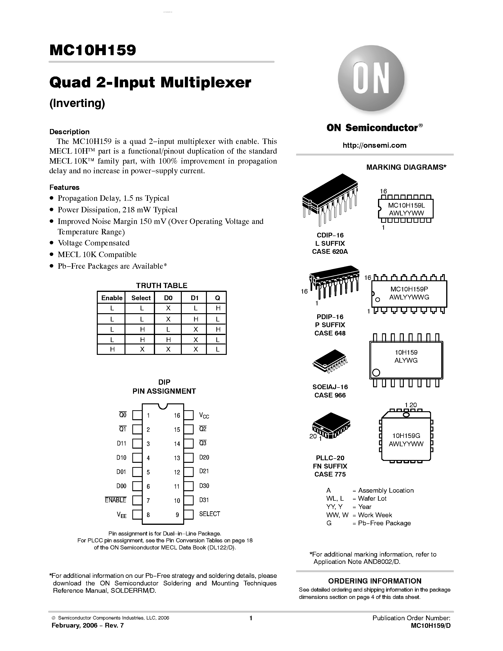 Datasheet MC10H159 - Quad 2-Input Multiplexer(Inverting) page 1