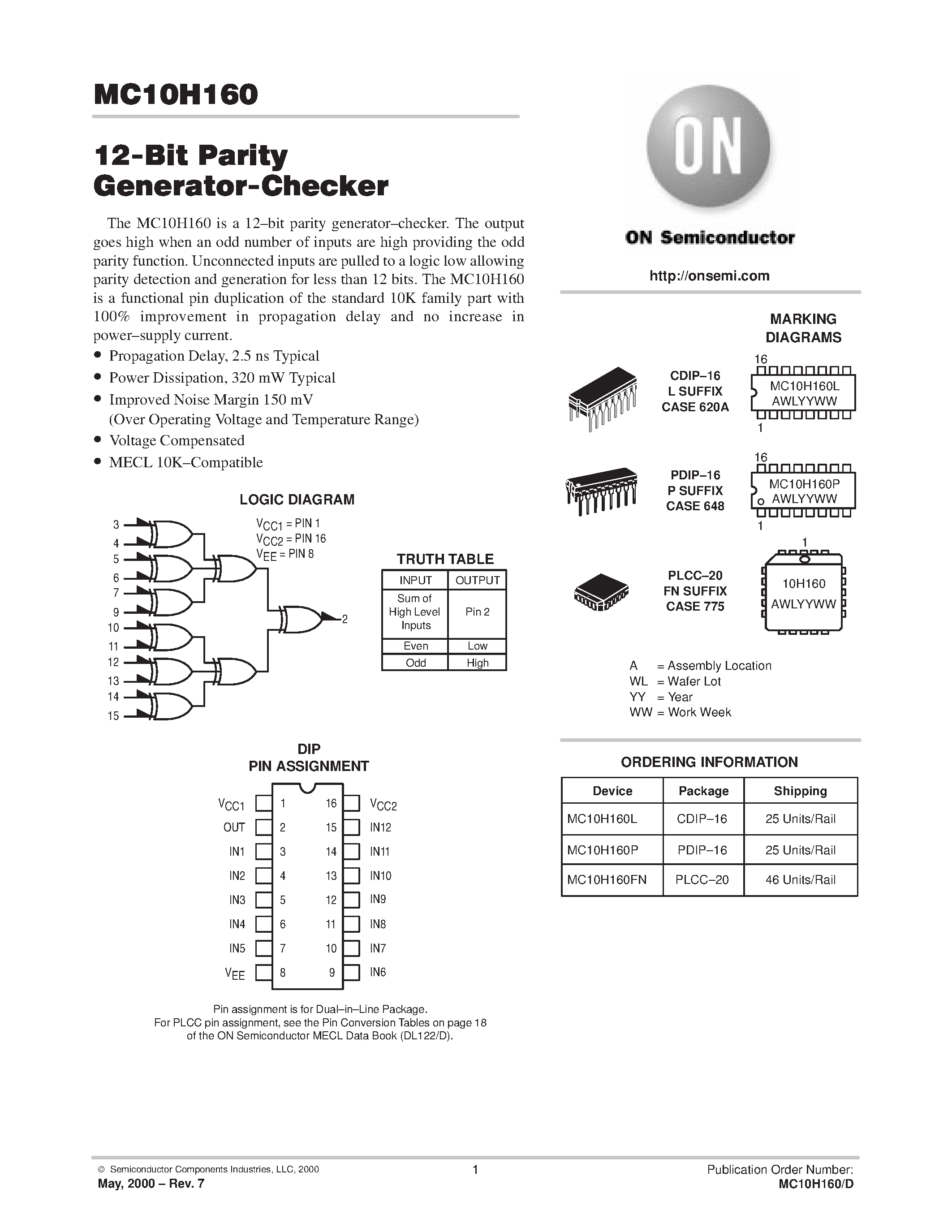 Datasheet MC10H160P - 12-Bit Parity Generator-Checker page 1