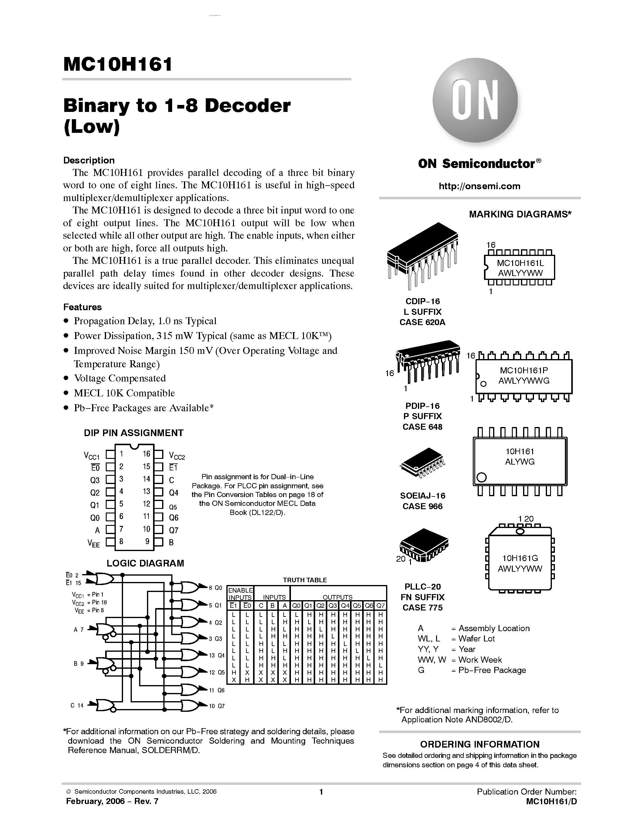 Datasheet MC10H161 - Binary to 1-8 Decoder(Low) page 1