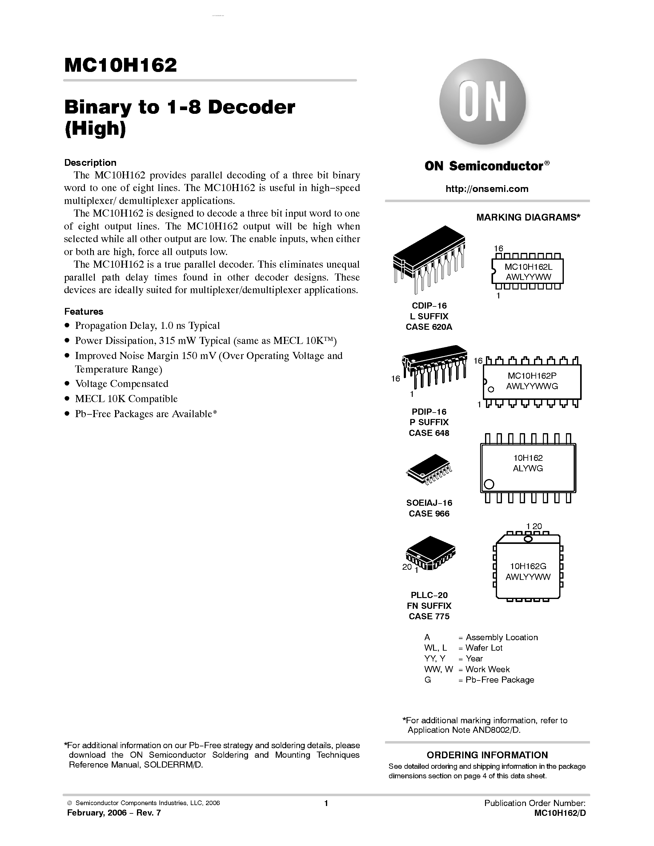 Datasheet MC10H162 - Binary to 1-8 Decoder(High) page 1