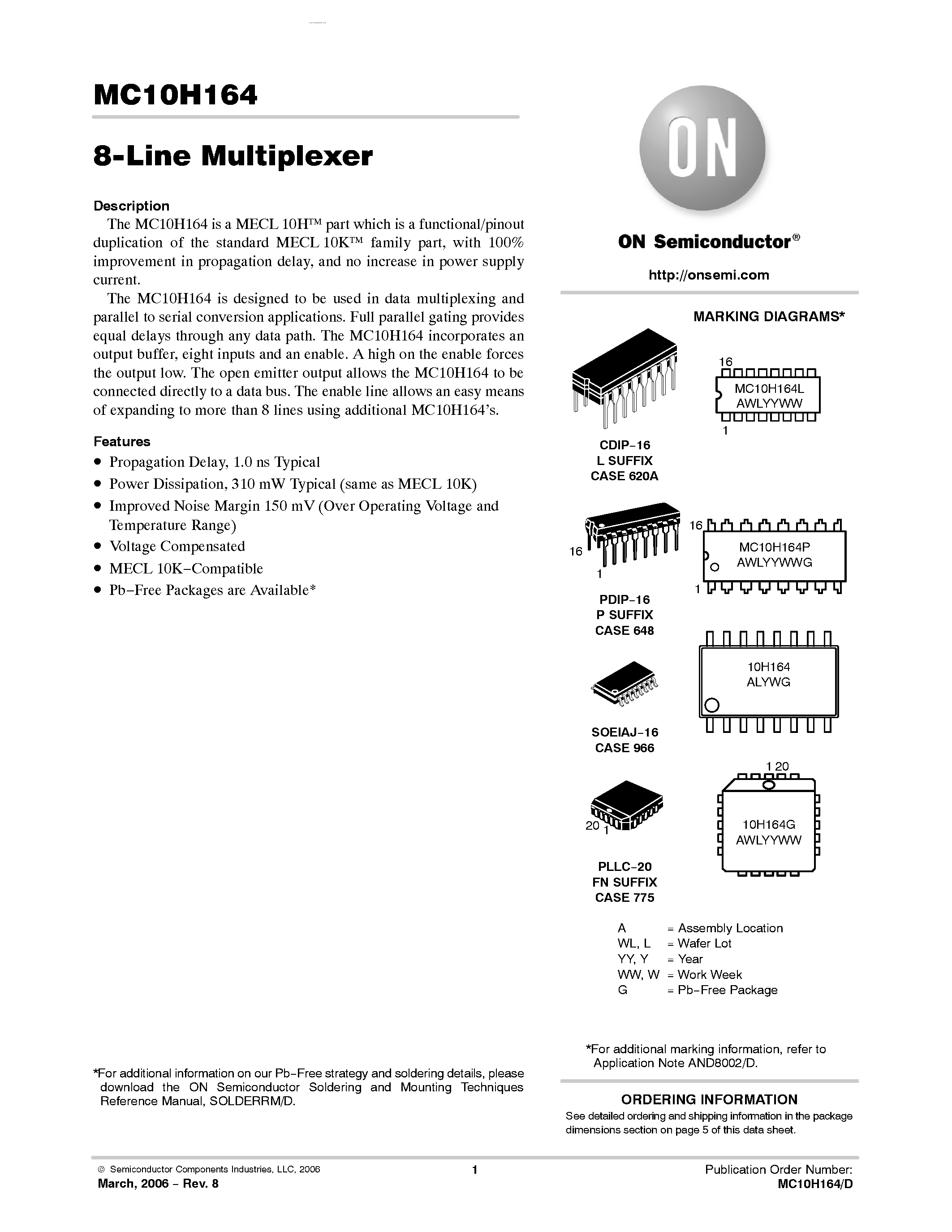 Даташит MC10H164 - 8-Line Multiplexer страница 1