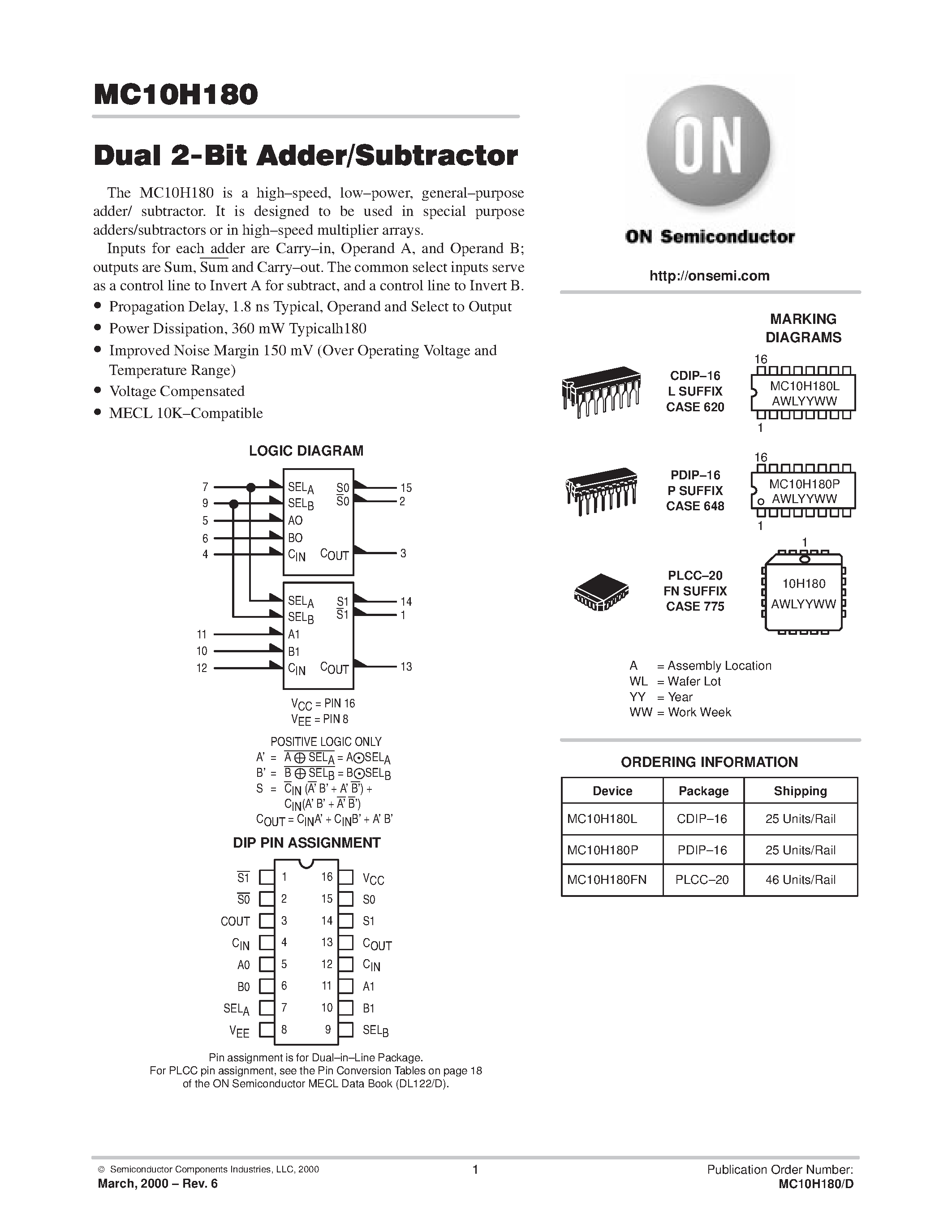 Datasheet MC10H180FN - Dual 2 Bit Adder/Subtractor page 1