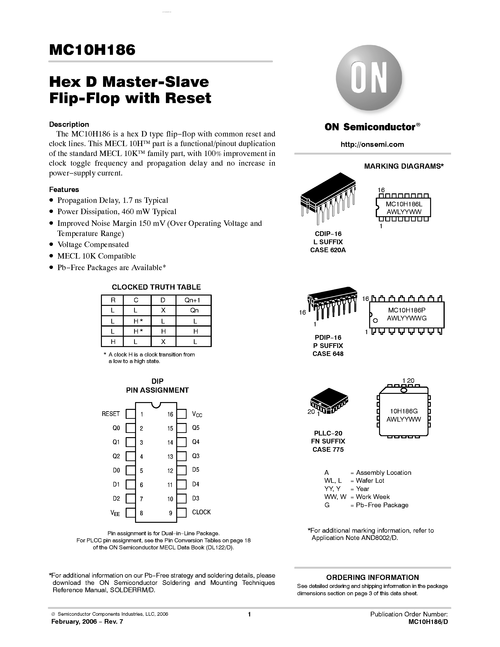 Datasheet MC10H186 page 1 Datasheet MC10H186 - Hex D Master-Slave Flip-Flop with Reset page 1