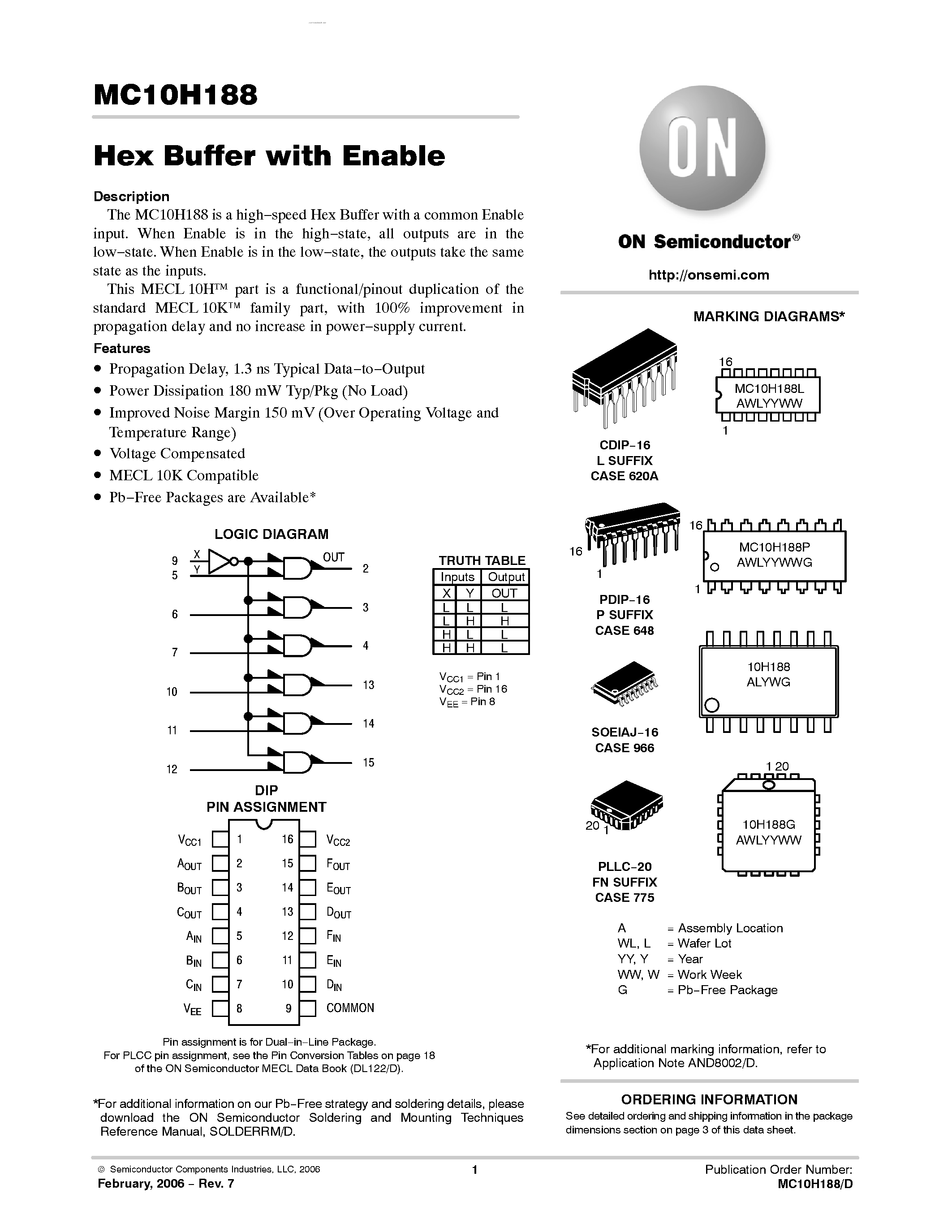Datasheet MC10H188 - Hex Buffer with Enable page 1
