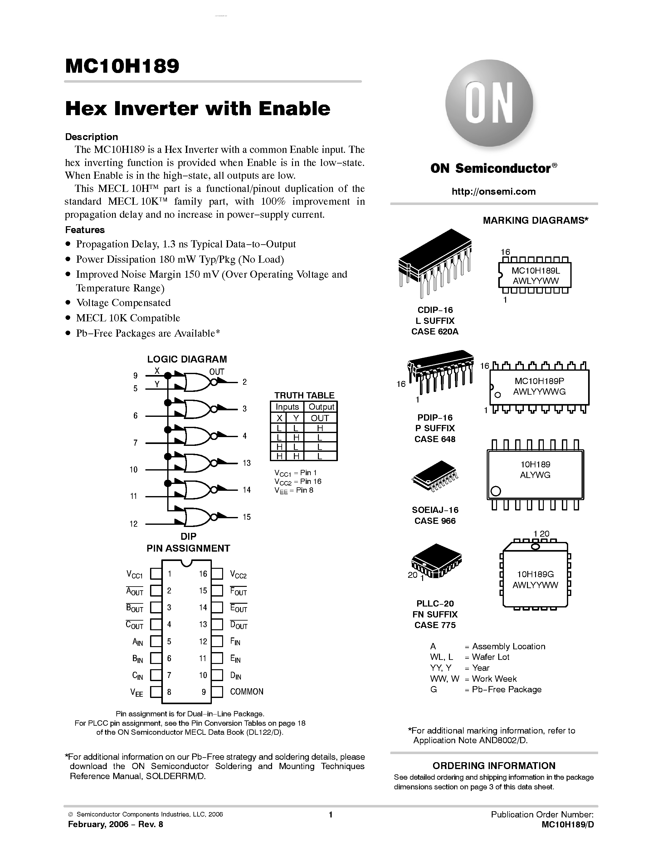 Datasheet MC10H189 - Hex Inverter with Enable page 1