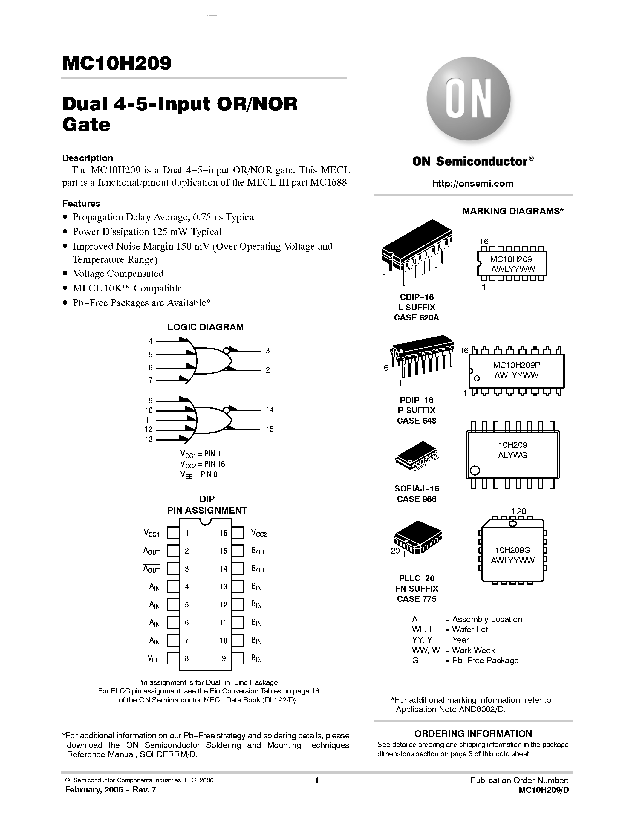 Datasheet MC10H209 - Dual 4-5- Input OR/NOR Gate page 1