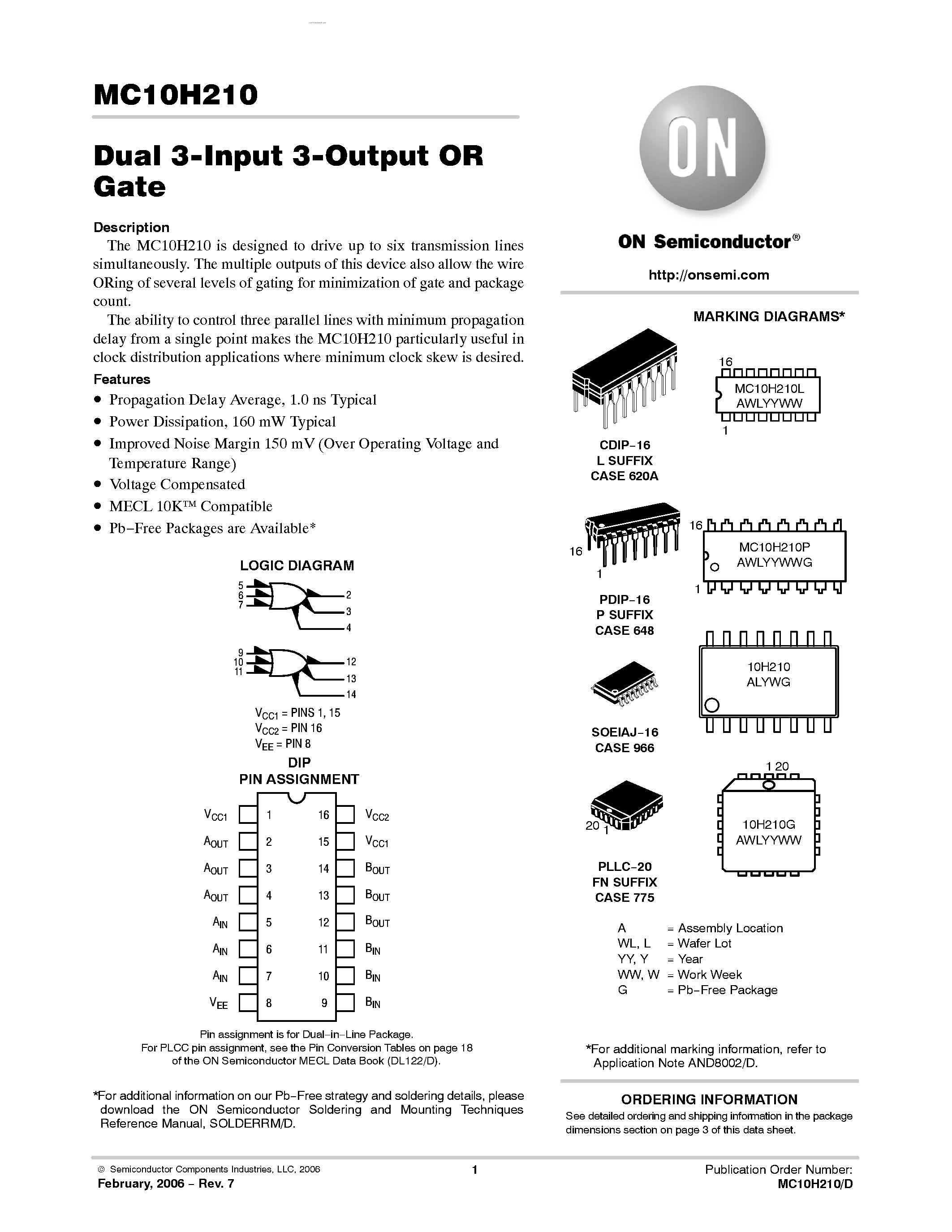 Datasheet MC10H210 - Dual 3-Input 3-Output OR Gate page 1